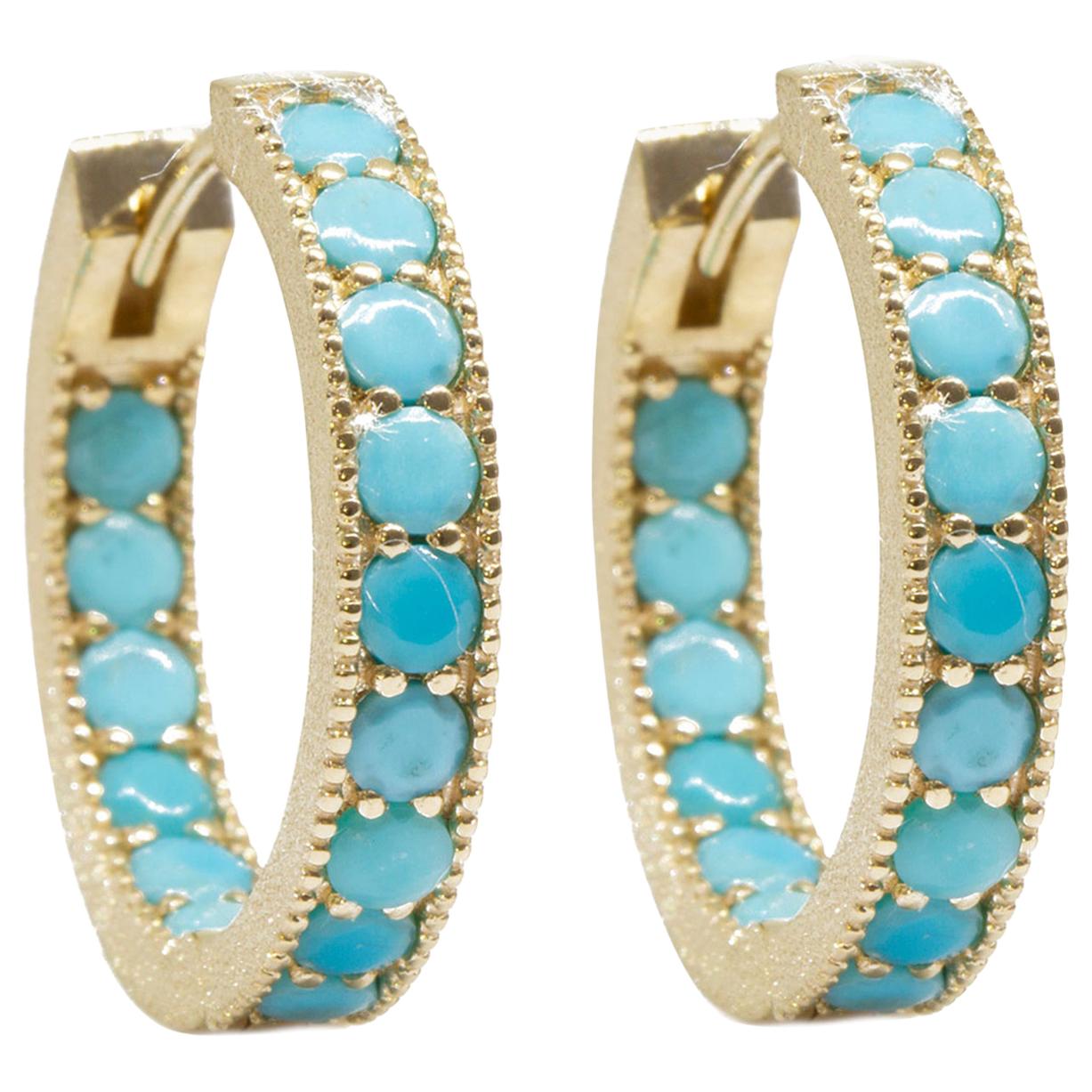 Gemma Turquoise Gold 18 Karat Hoop Earrings For Sale