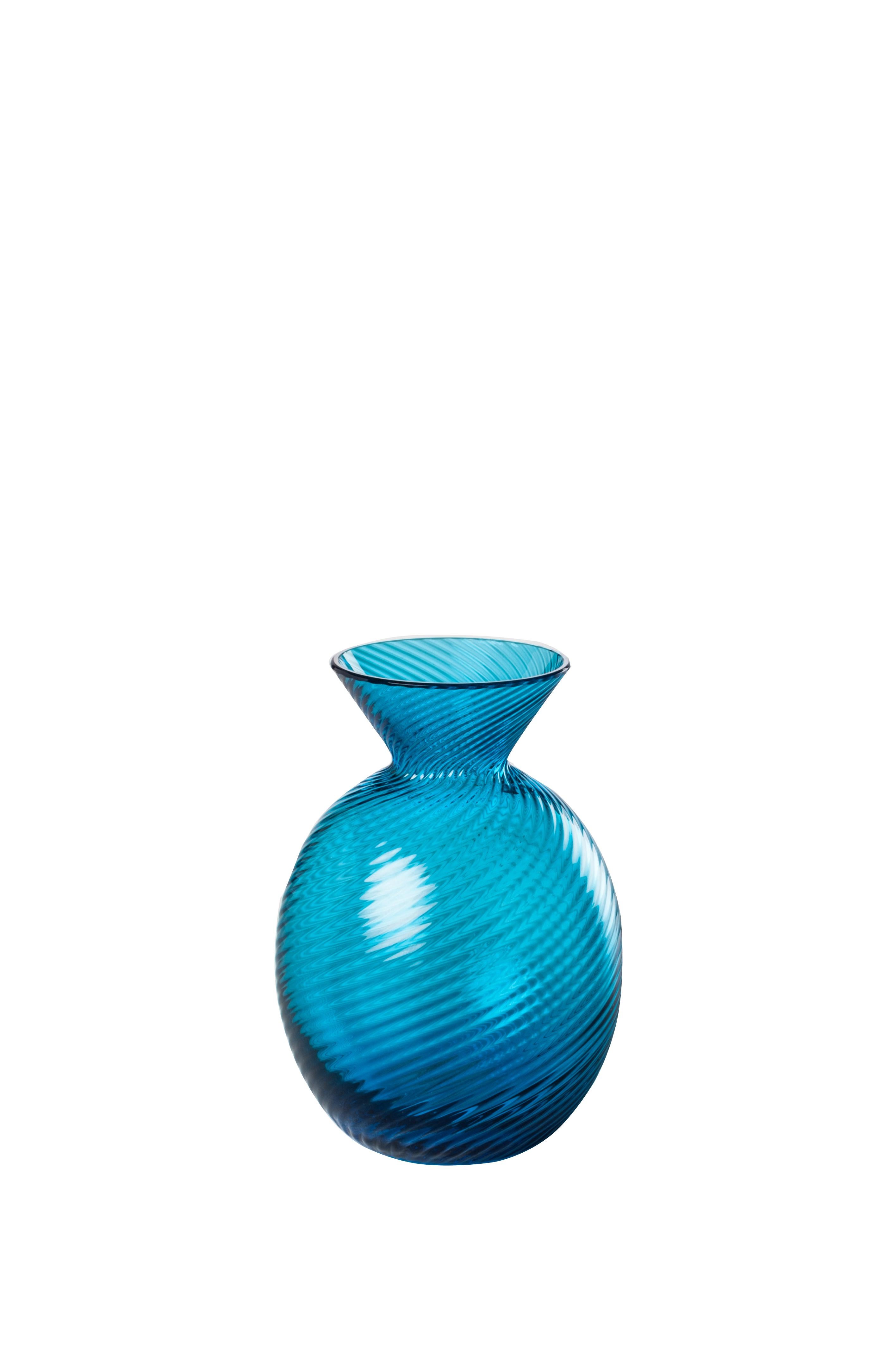 Venini glass vase with shaped body and neck in sapphire designed in 2017. Perfect for indoor home decor as container or statement piece for any room. Also available in other colors on 1stdibs.

Dimensions: 8 cm diameter x 12 cm height.