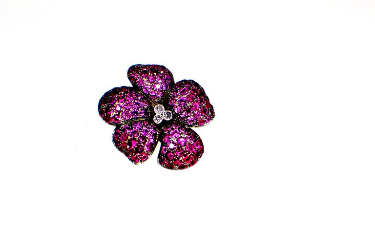 Round Cut Gemolithos 18 Karat Gold Ruby Pink Sapphire and Diamond Brooch or Pendant For Sale