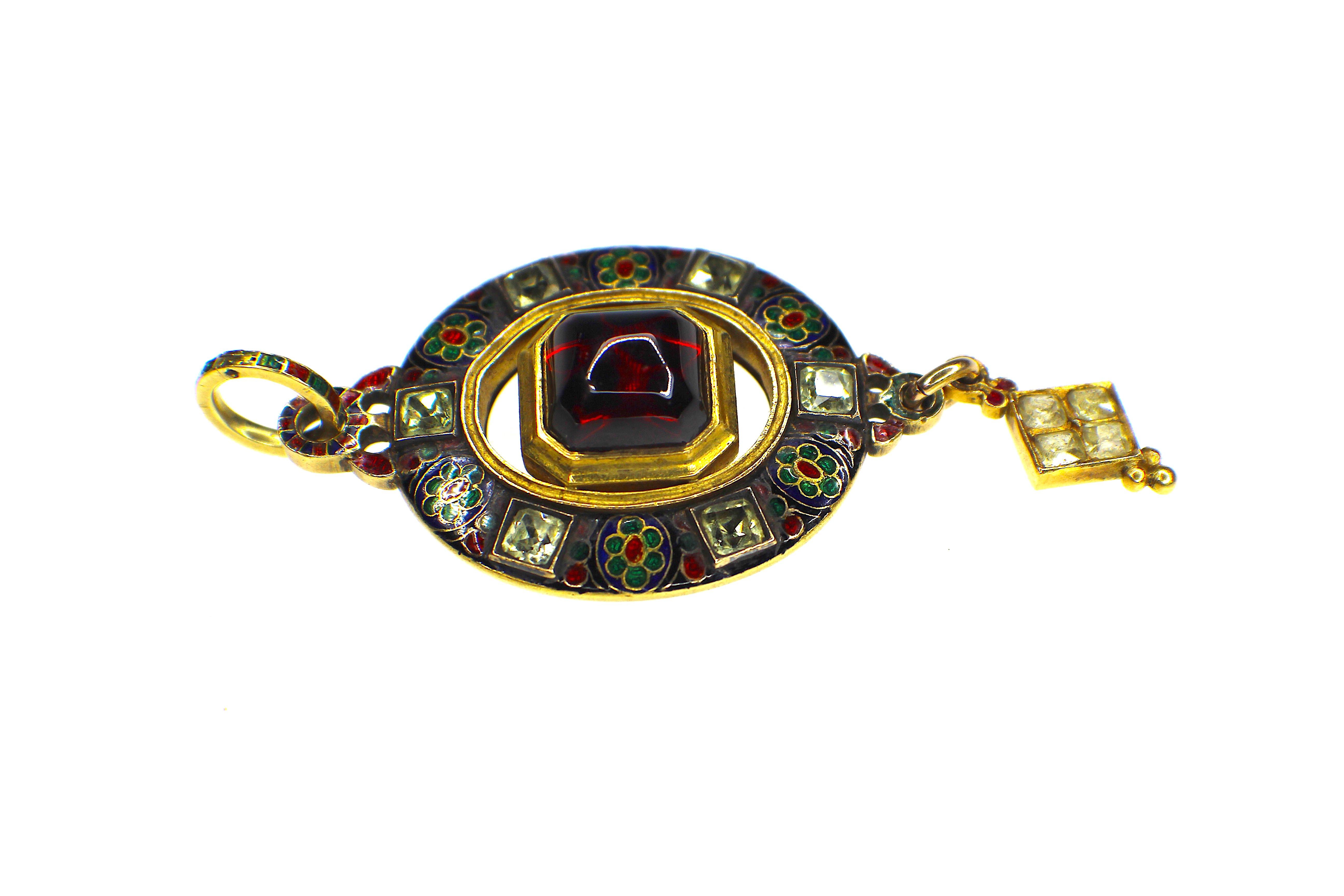 Holbeinesque, garnet, chrysoberyl, enamel pendant, 1860´s, a rare piece of jewelry