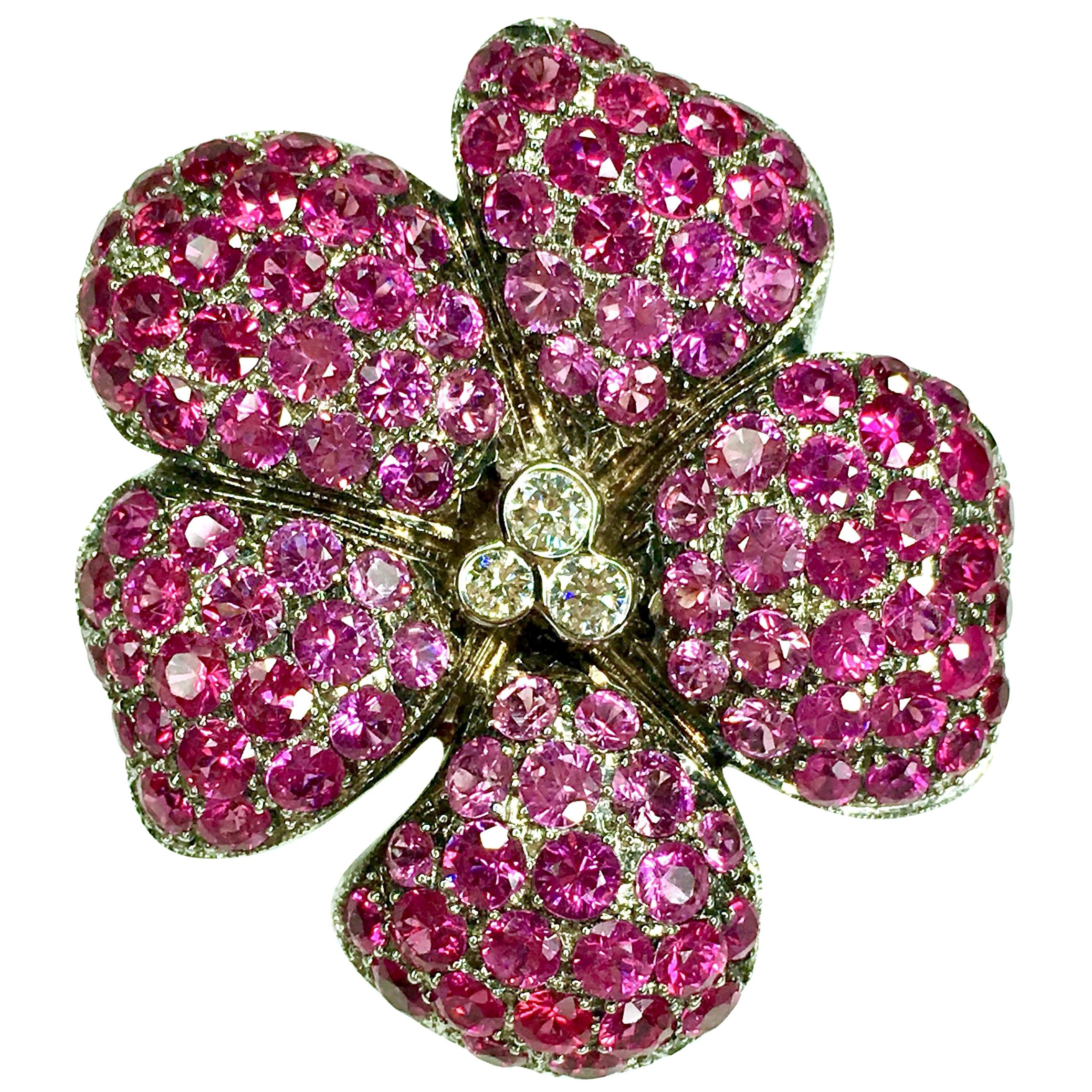 Gemolithos 18 Karat Gold Ruby Pink Sapphire and Diamond Brooch or Pendant