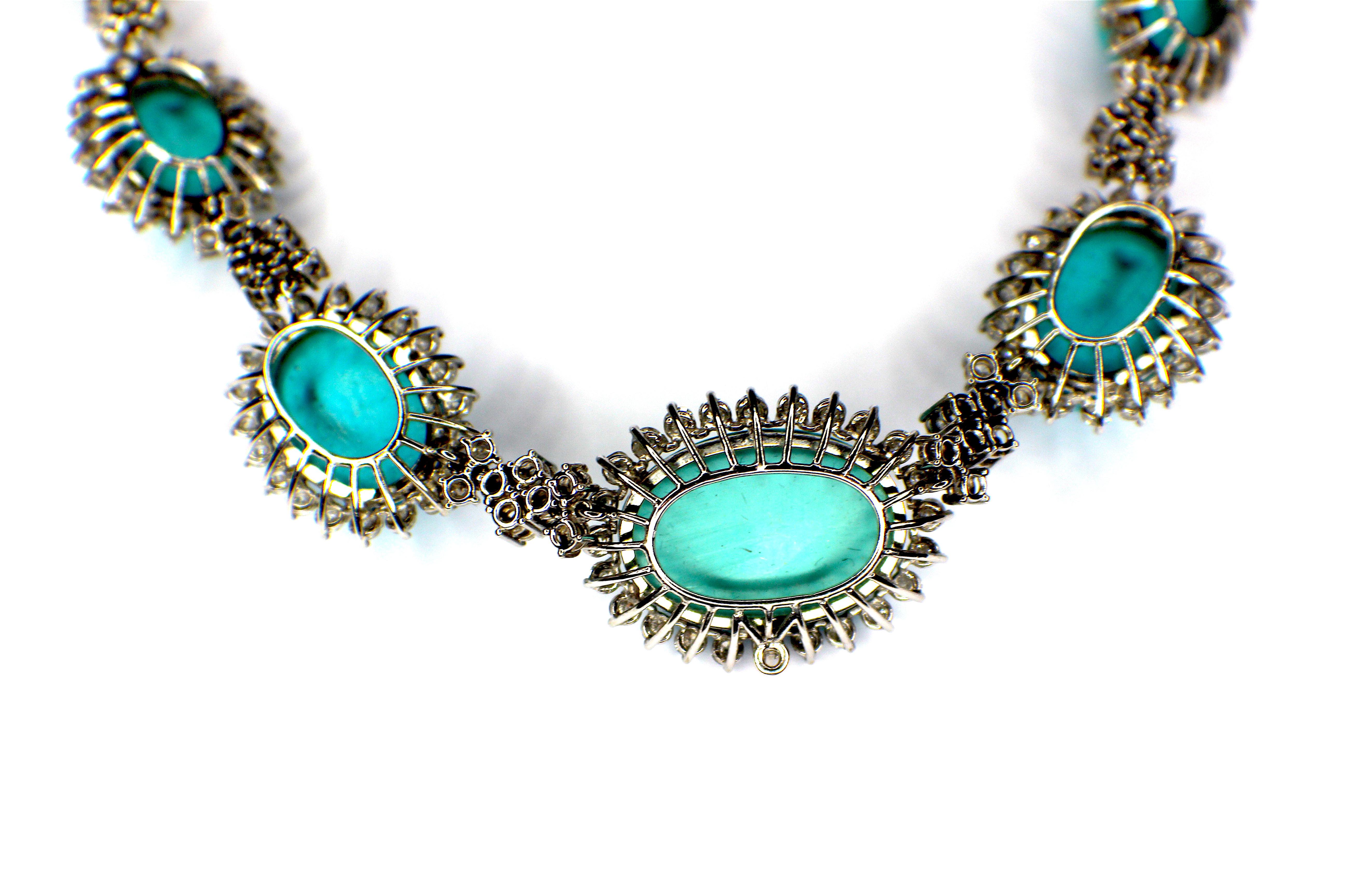 Gemolithos: Platin-Halskette mit Türkis und Diamanten, signiert „Koch“ (Retro) im Angebot