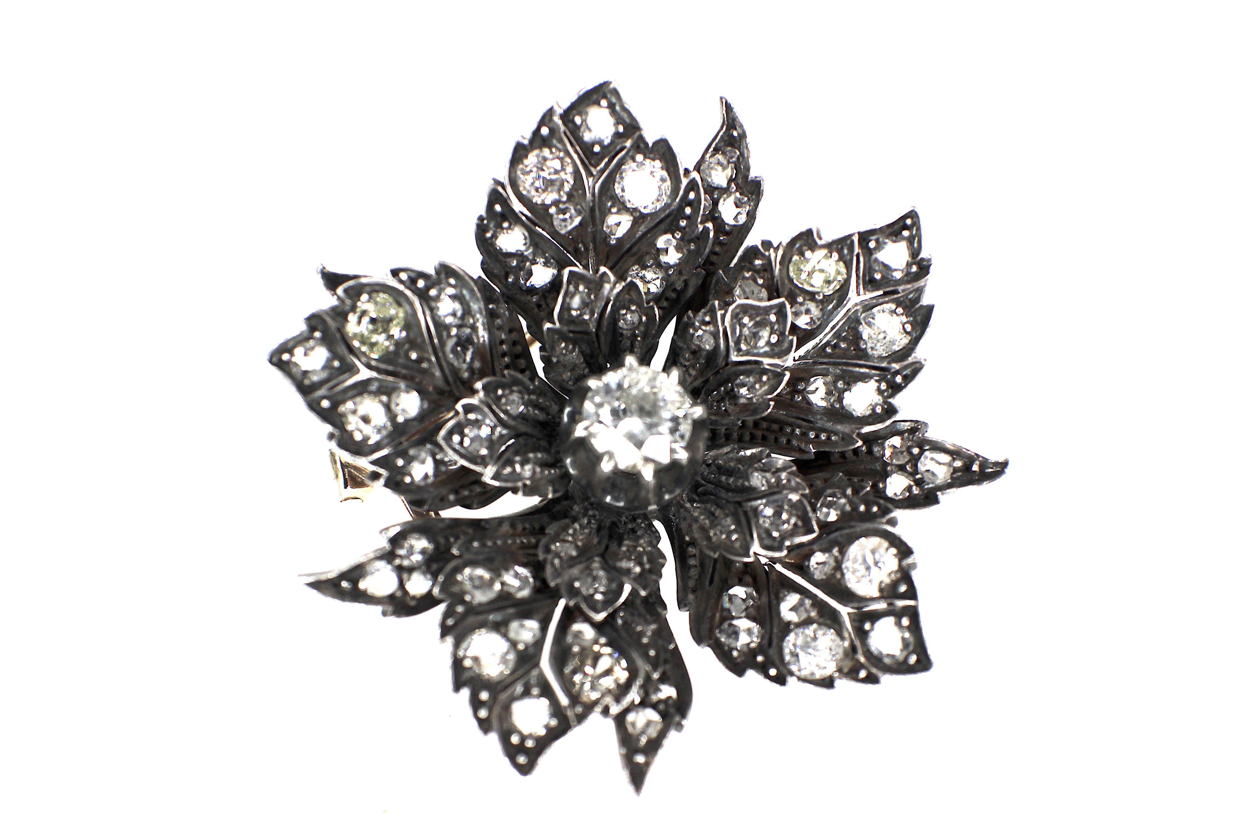 Antique Flower Diamond Brooch, 19th Century, 3 dimentional, 