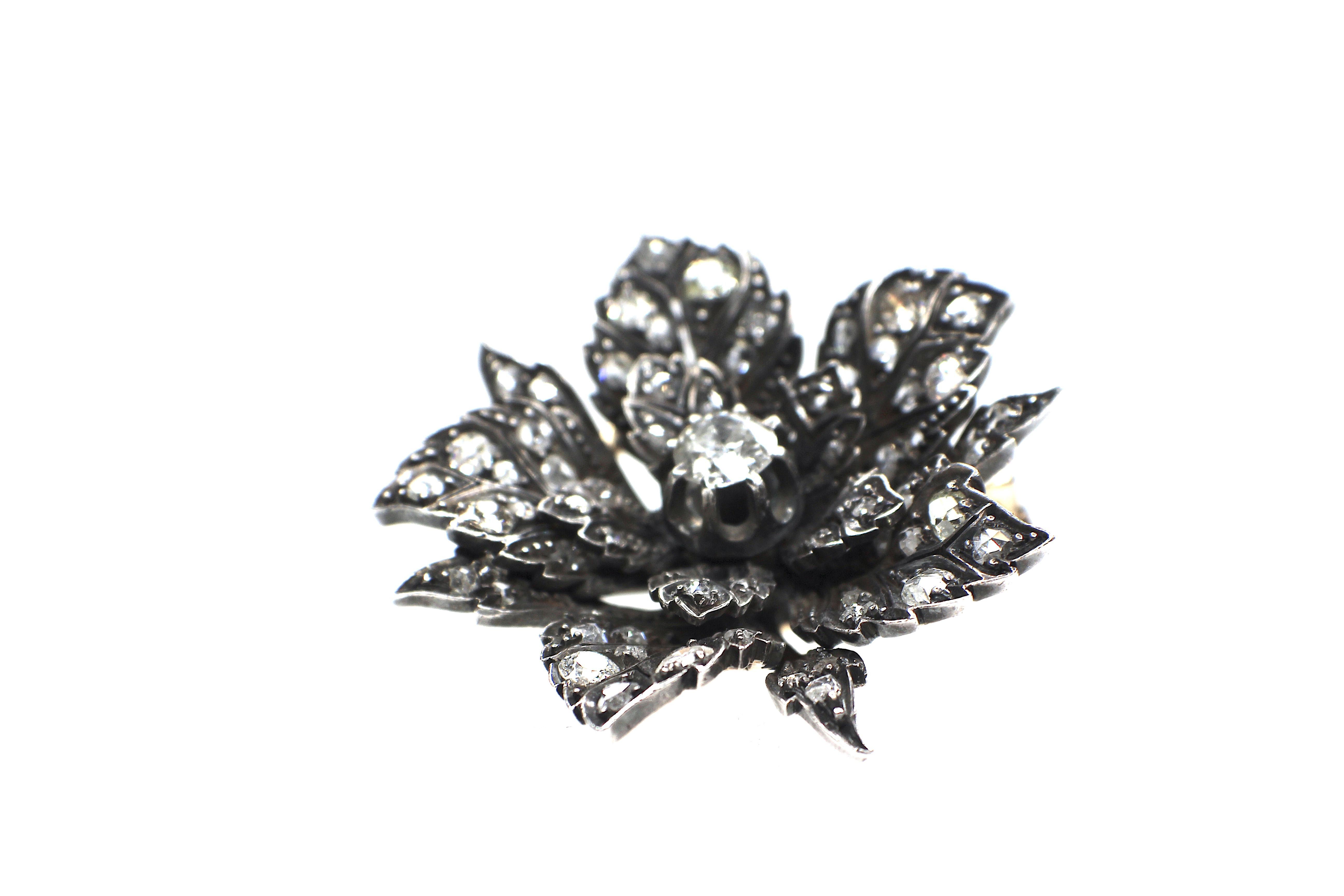 Round Cut Gemolithos Antique Flower Diamond Brooch, 19th Century