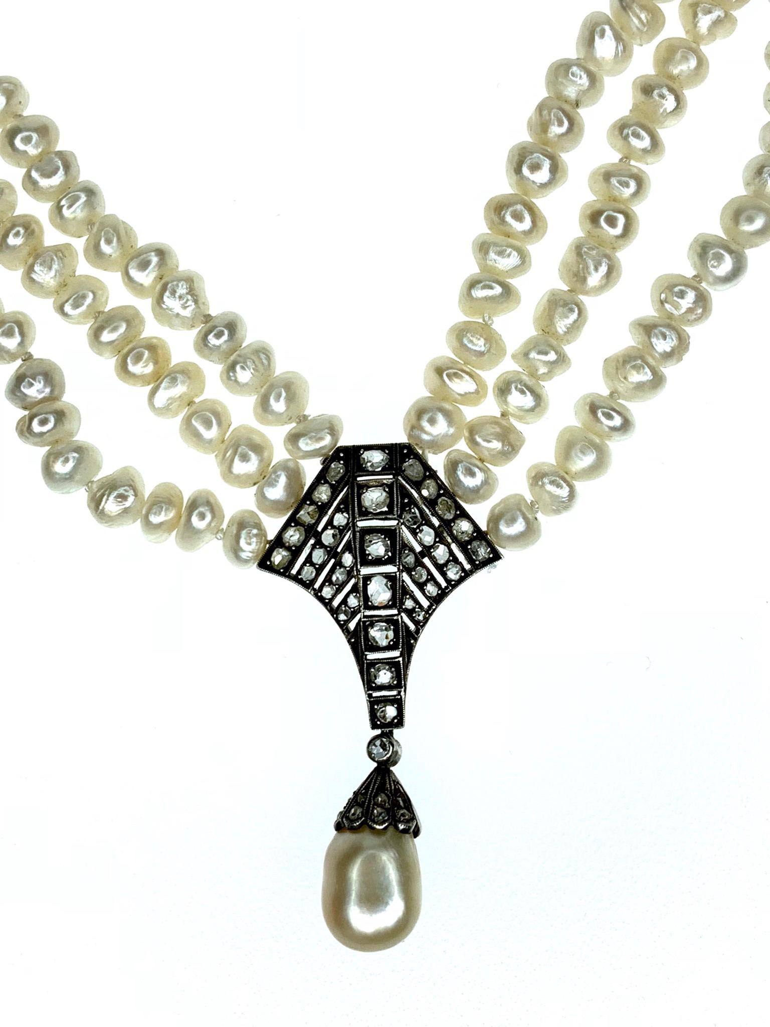 GEMOLITHOS Collier ancien de perles naturelles et de diamants du 19e siècle. Perles de Bashra Certifiées entièrement naturelles 
