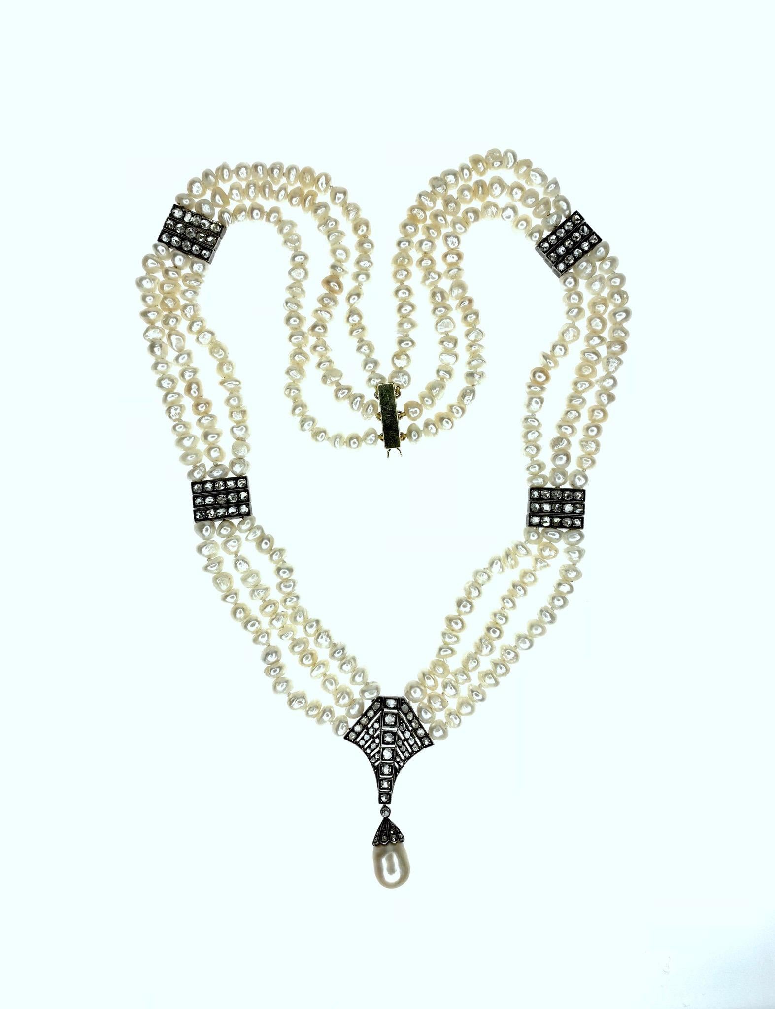 Victorian Gemolithos Antique Natural Pearl and Diamond Necklace, 19th Century For Sale