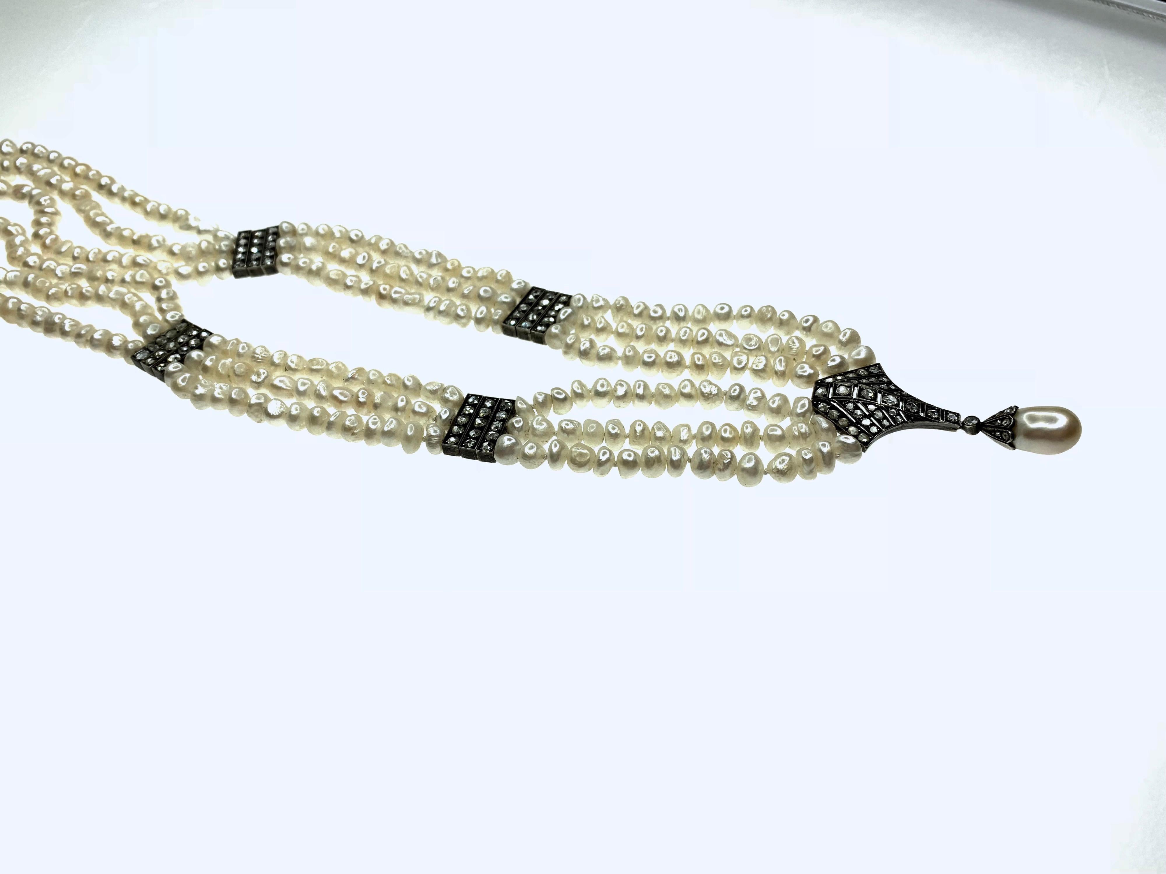 Taille rose Gemolithos, collier ancien en perles naturelles et diamants, XIXe siècle en vente