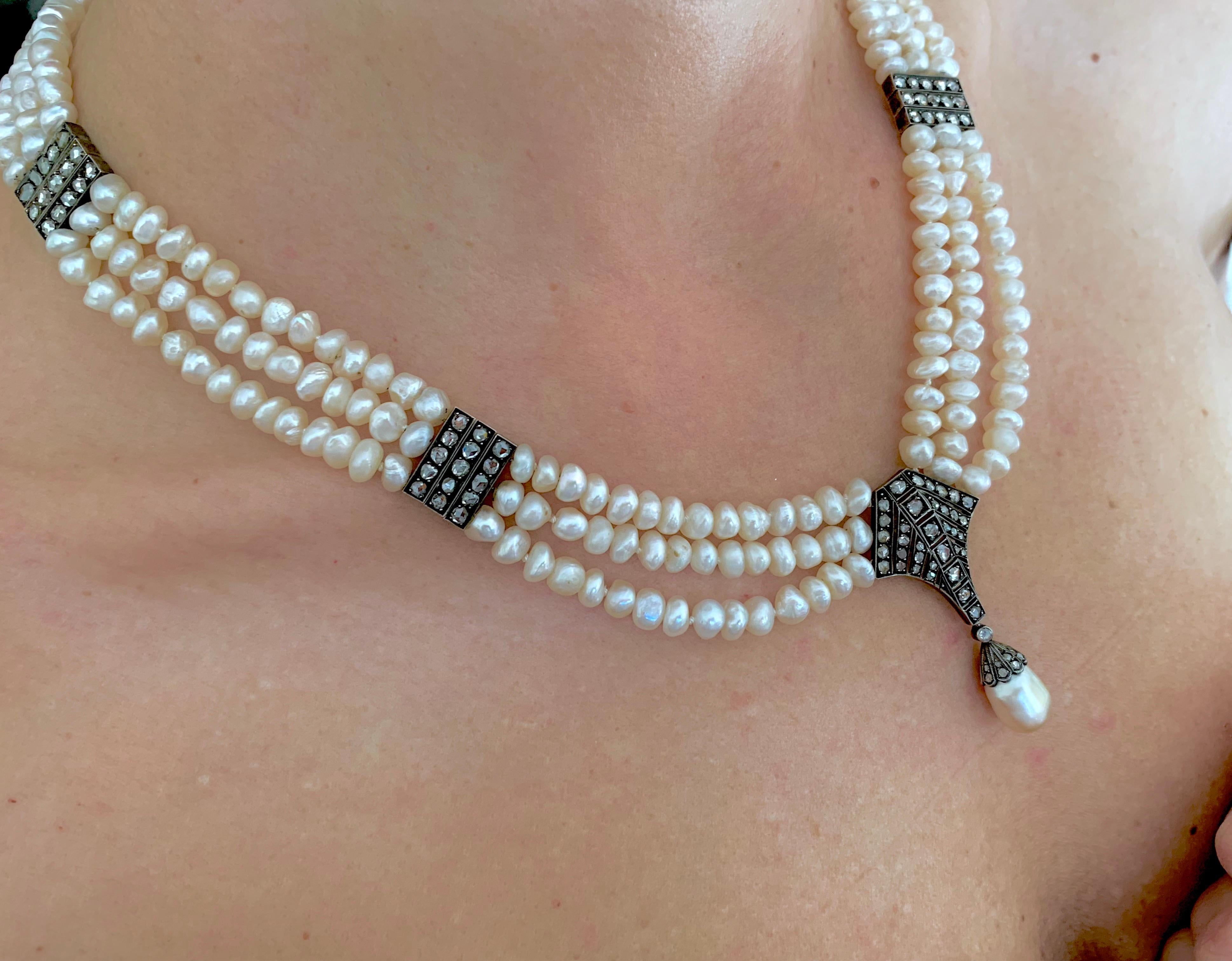 Gemolithos, collier ancien en perles naturelles et diamants, XIXe siècle Bon état - En vente à Munich, DE