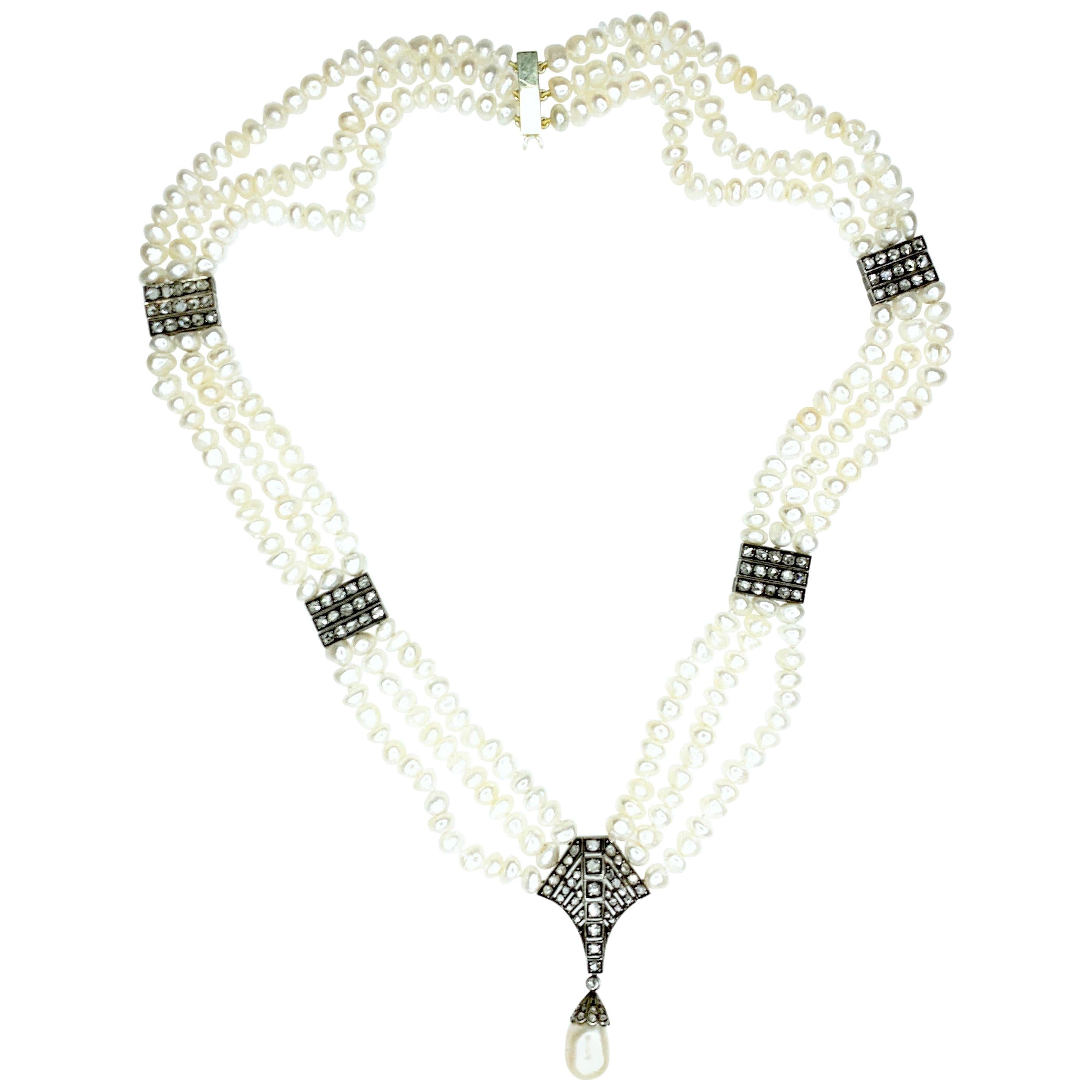 Gemolithos Antique Natural Pearl and Diamond Necklace, 19th Century For Sale
