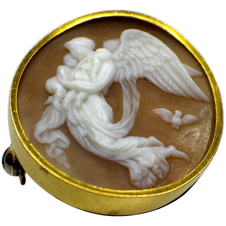 Gemolithos Antique Shell Cameo Gold Brooch-locket, circa 1870s For Sale
