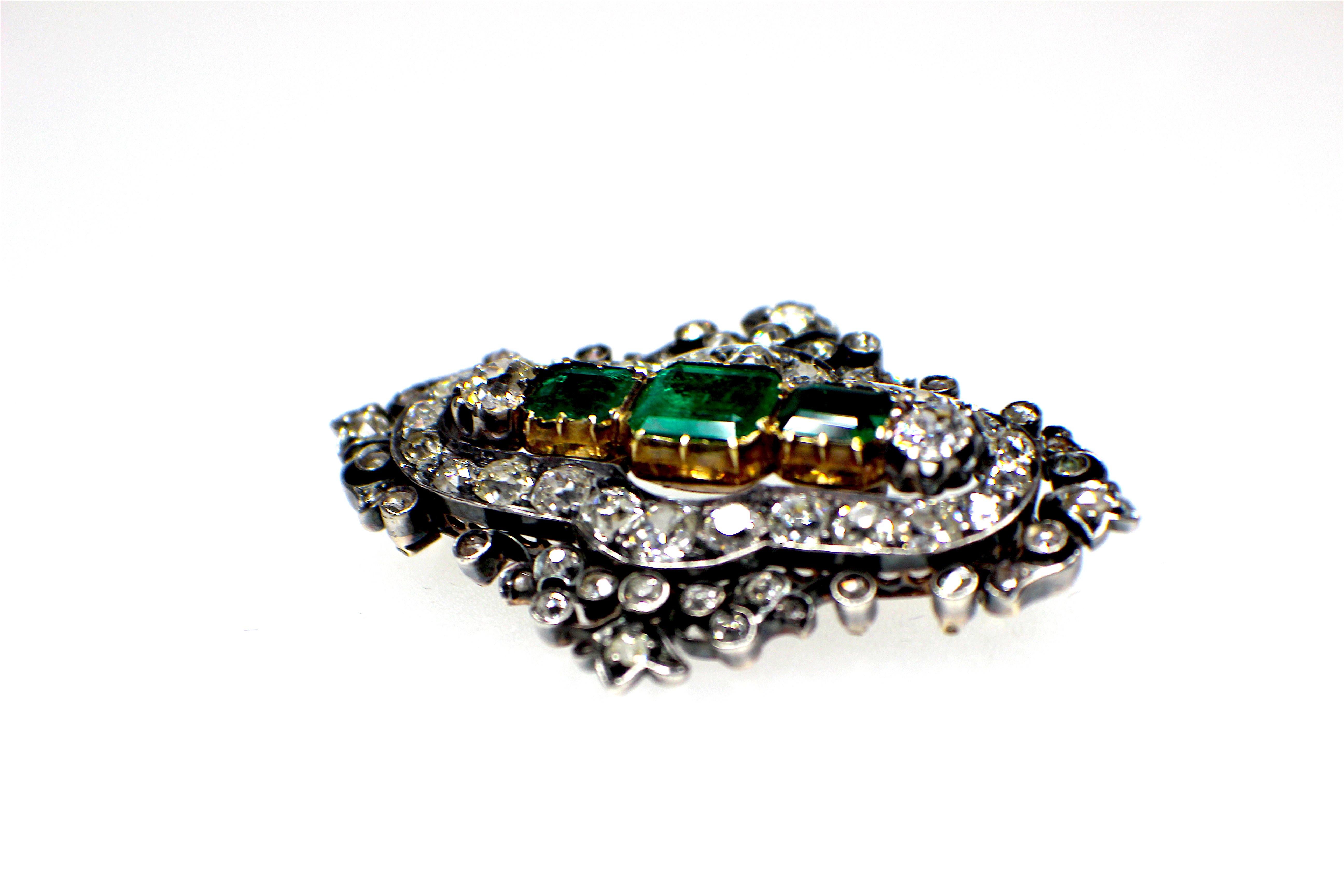 GEMOLITHOS Antique emerald and diamond brooch,  emerlads are of clombian origin, mounted in silver and gold, circa 1840´s 