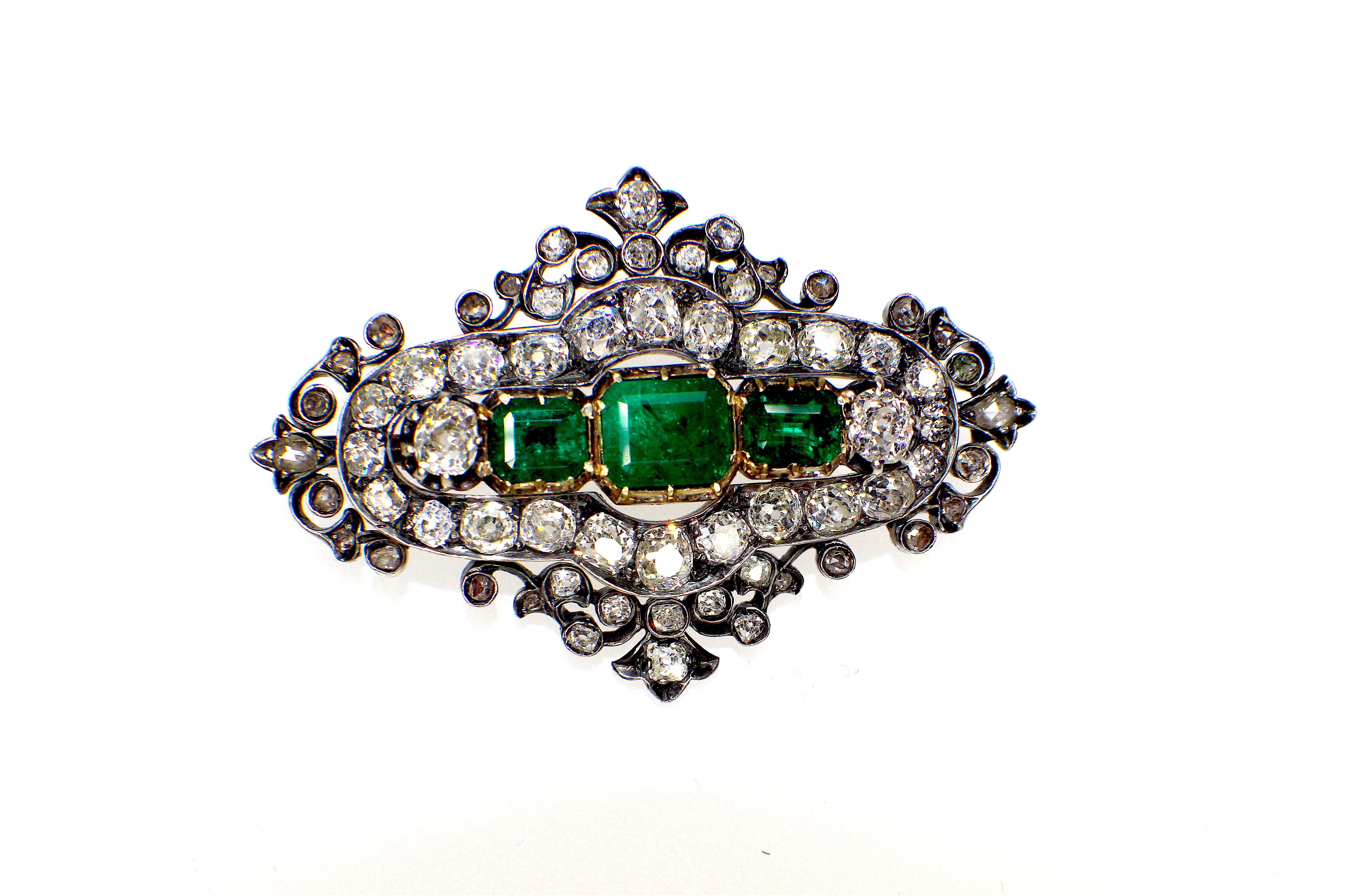 Victorian Gemolithos Antique Silver and Gold Green Emerald and Diamond Brooch For Sale