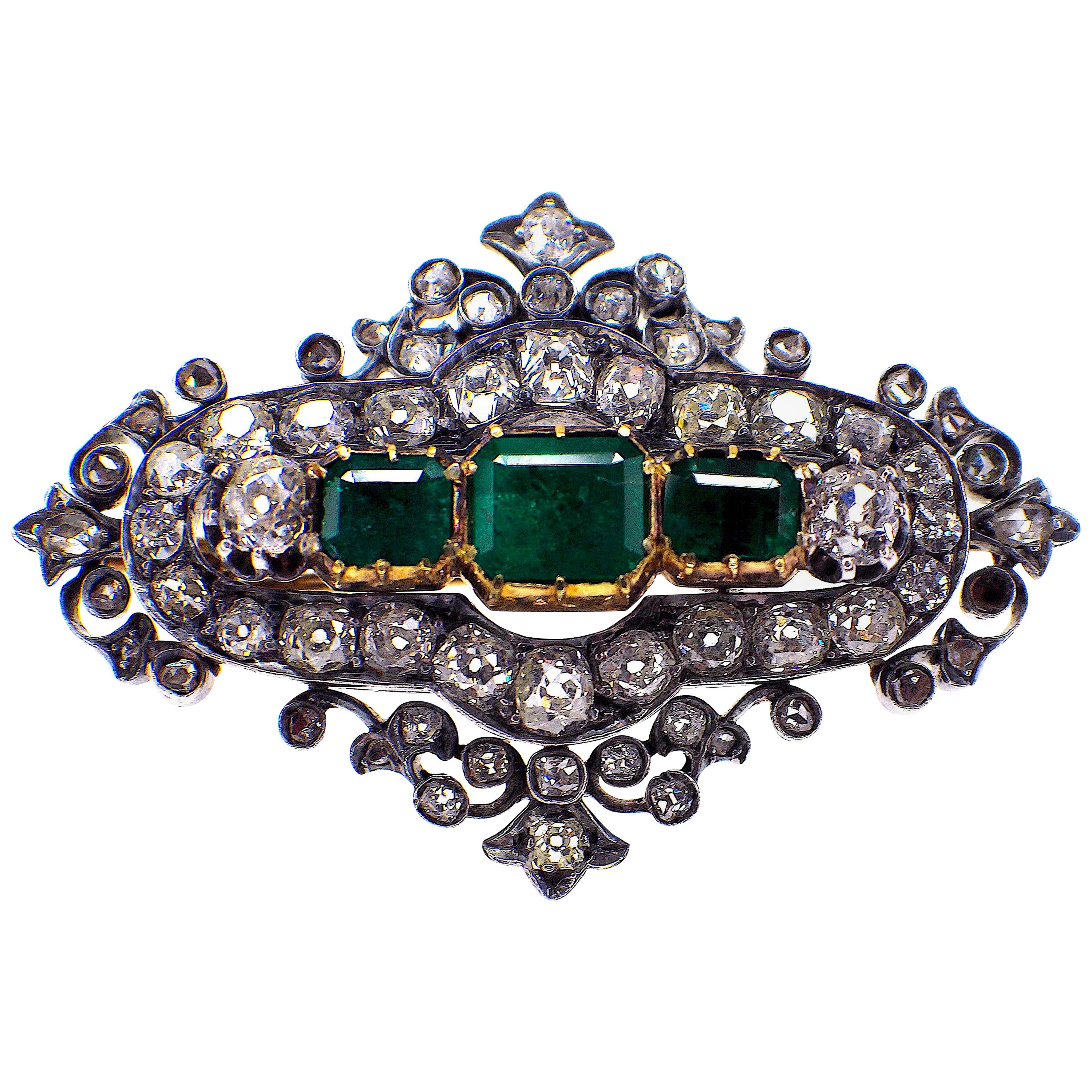 Gemolithos Antique Silver and Gold Green Emerald and Diamond Brooch