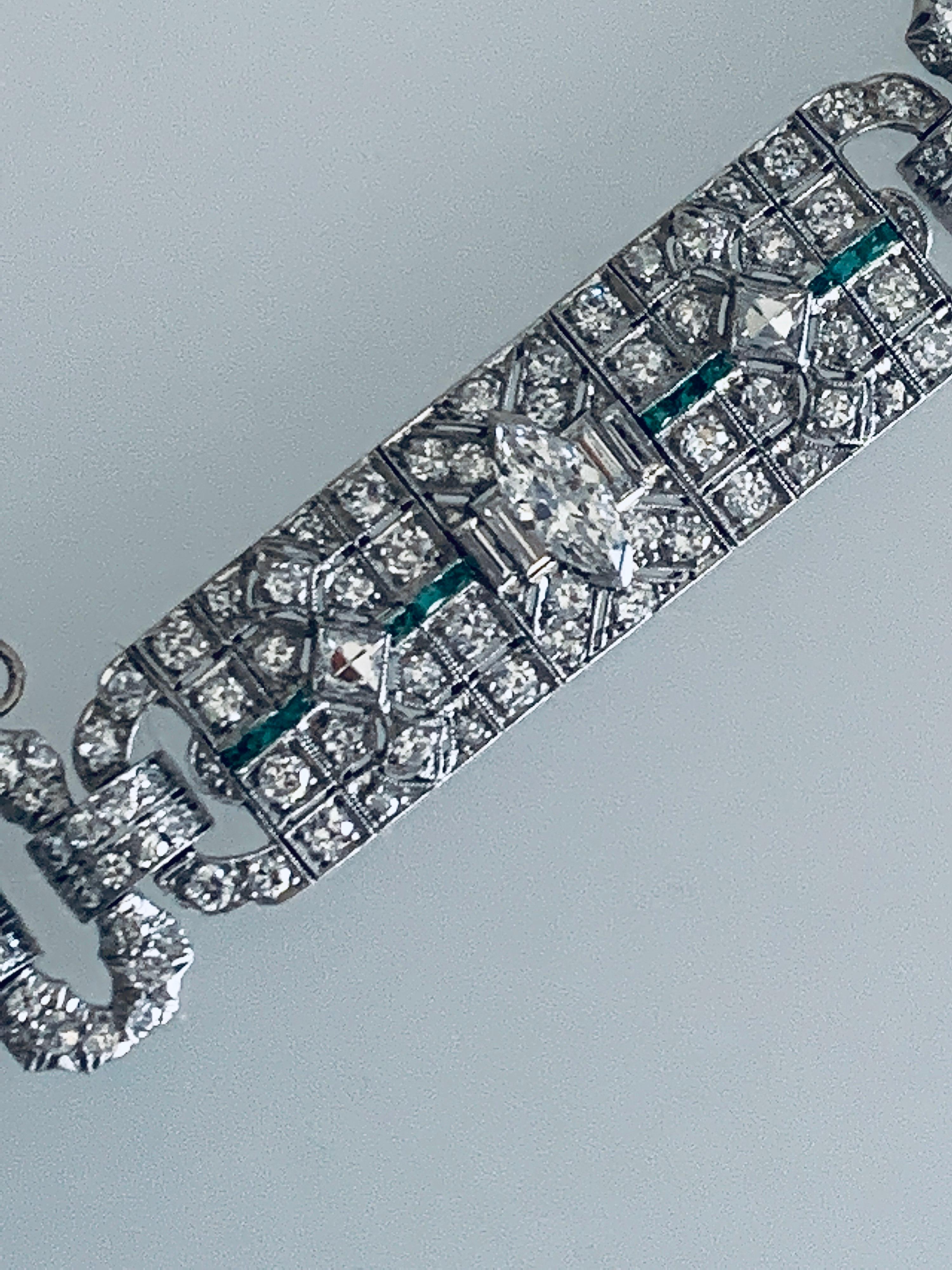 Marquise Cut Gemolithos, Art Deco Emerald and Diamond Bracelet, circa 1920s For Sale