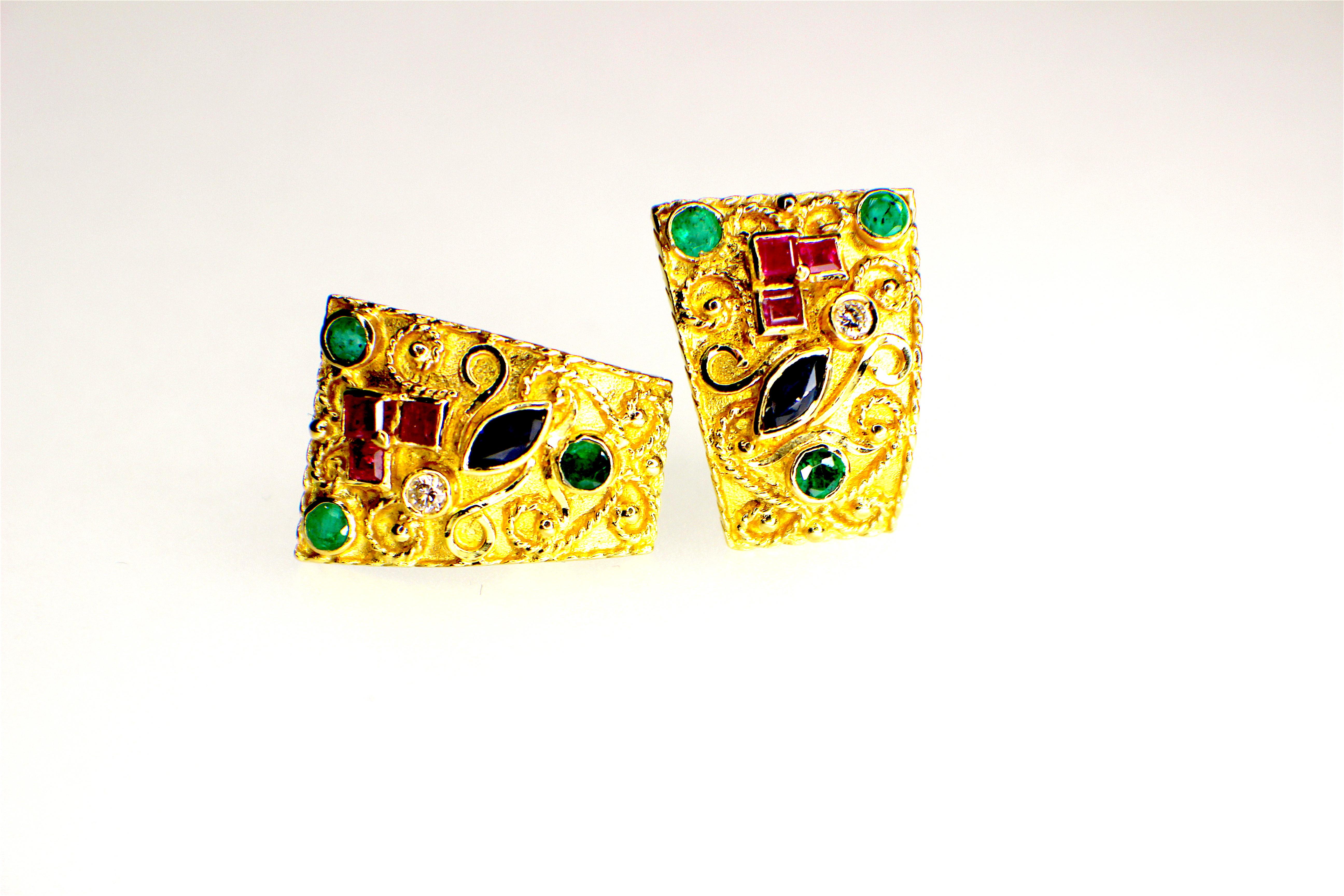 Byzantine Style, Handcrafted, Gem Set Earrings, 1970s-80´s, set  with sapphires, rubies, emeralds & diamonds in 18K Gold. 