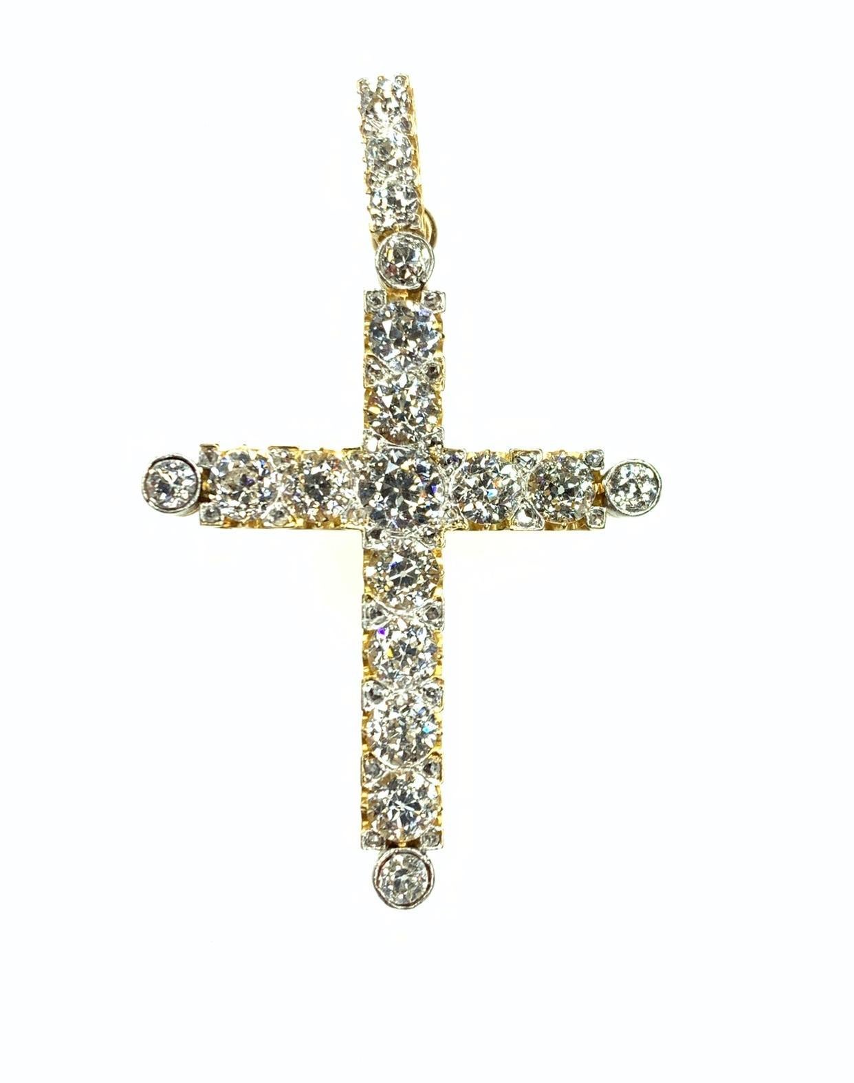 Old European Cut Gemolithos Late Victorian Gold and Platinum Cross Pendant For Sale