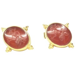 Gemolithos Modern Carnelian Intaglio 22 Karat Gold Earrings with Goddess Athena