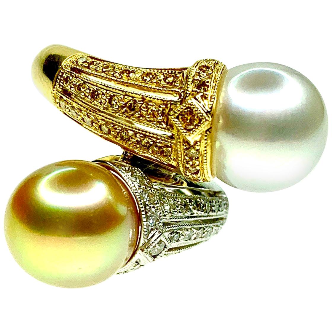 Gemolithos Natural Color Golden and White Cultured Pearl and Diamond Ring For Sale