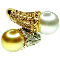 Gemolithos Natural Color Golden and White Cultured Pearl and Diamond Ring
