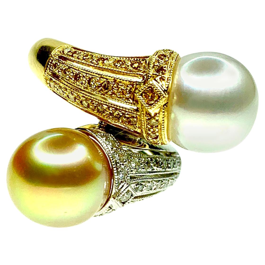 Gemolithos Natural Color Golden and White Cultured Pearl and Diamond Ring