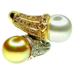 Vintage Gemolithos Natural Color Golden and White Cultured Pearl and Diamond Ring
