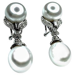 Gemolithos Pair of Button & Pear Shaped Australian Cultured Pearl & Dia Earrings