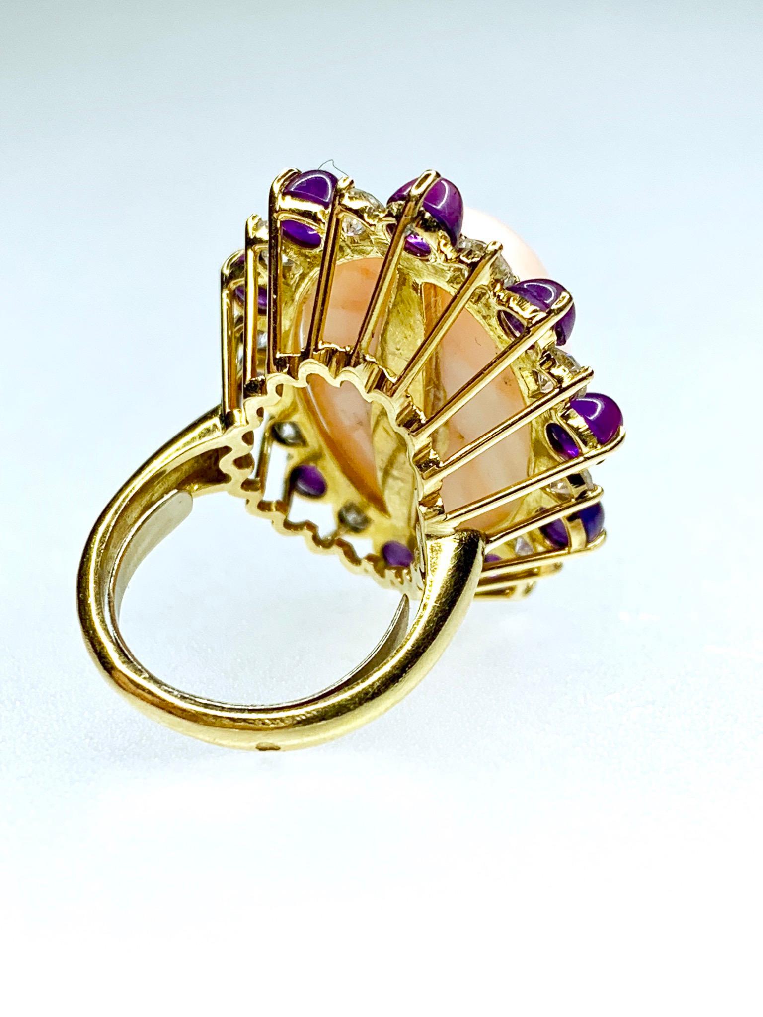 Retro Gemolithos Pink Coral Amethyst and Diamond Ring, 1960s For Sale