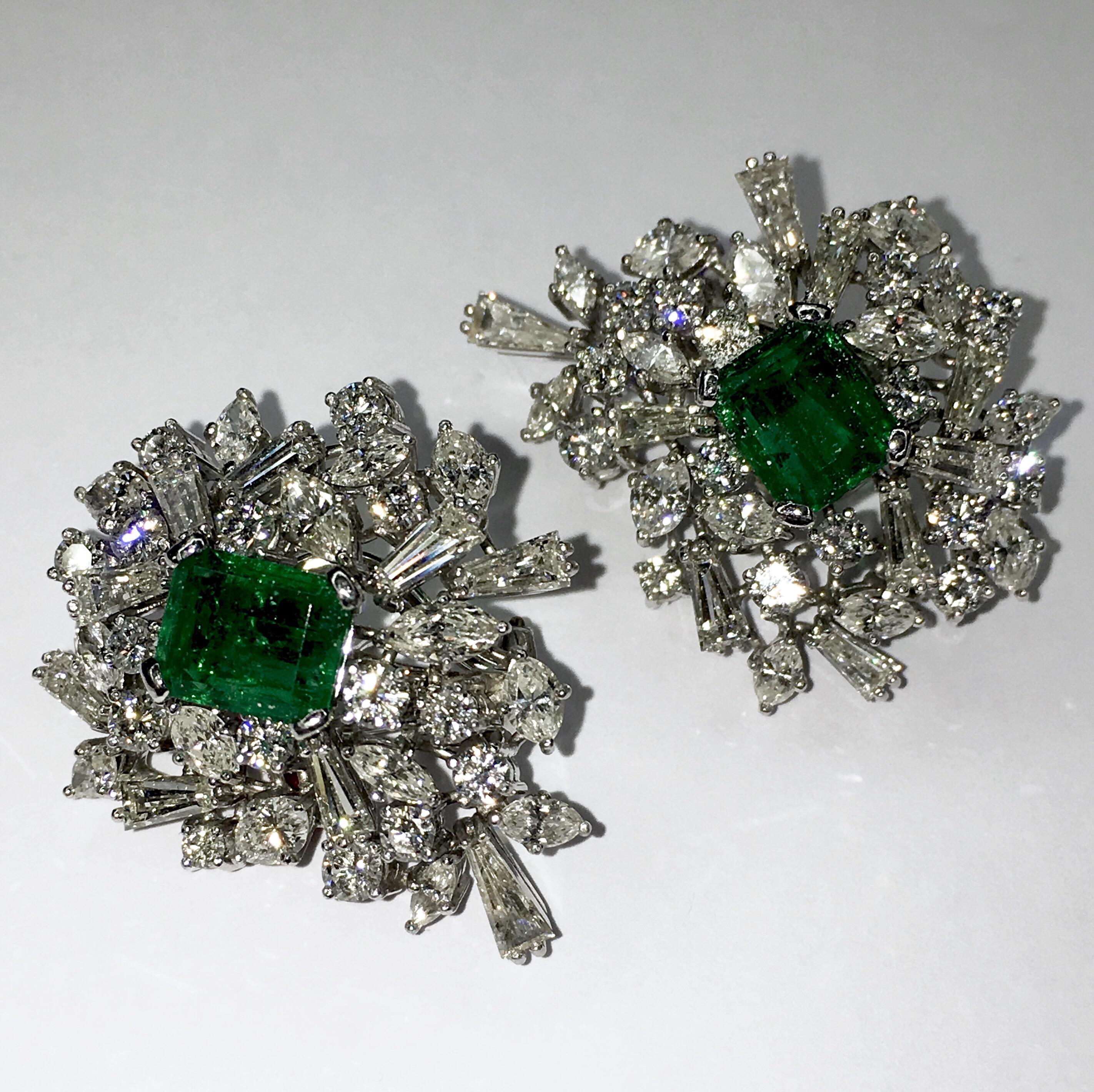 Emerald Cut Gemolithos Platinum Colombian Green Emerald and Diamond Clip-On Earrings For Sale