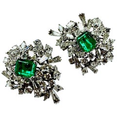 Gemolithos Platinum Colombian Green Emerald and Diamond Clip-On Earrings