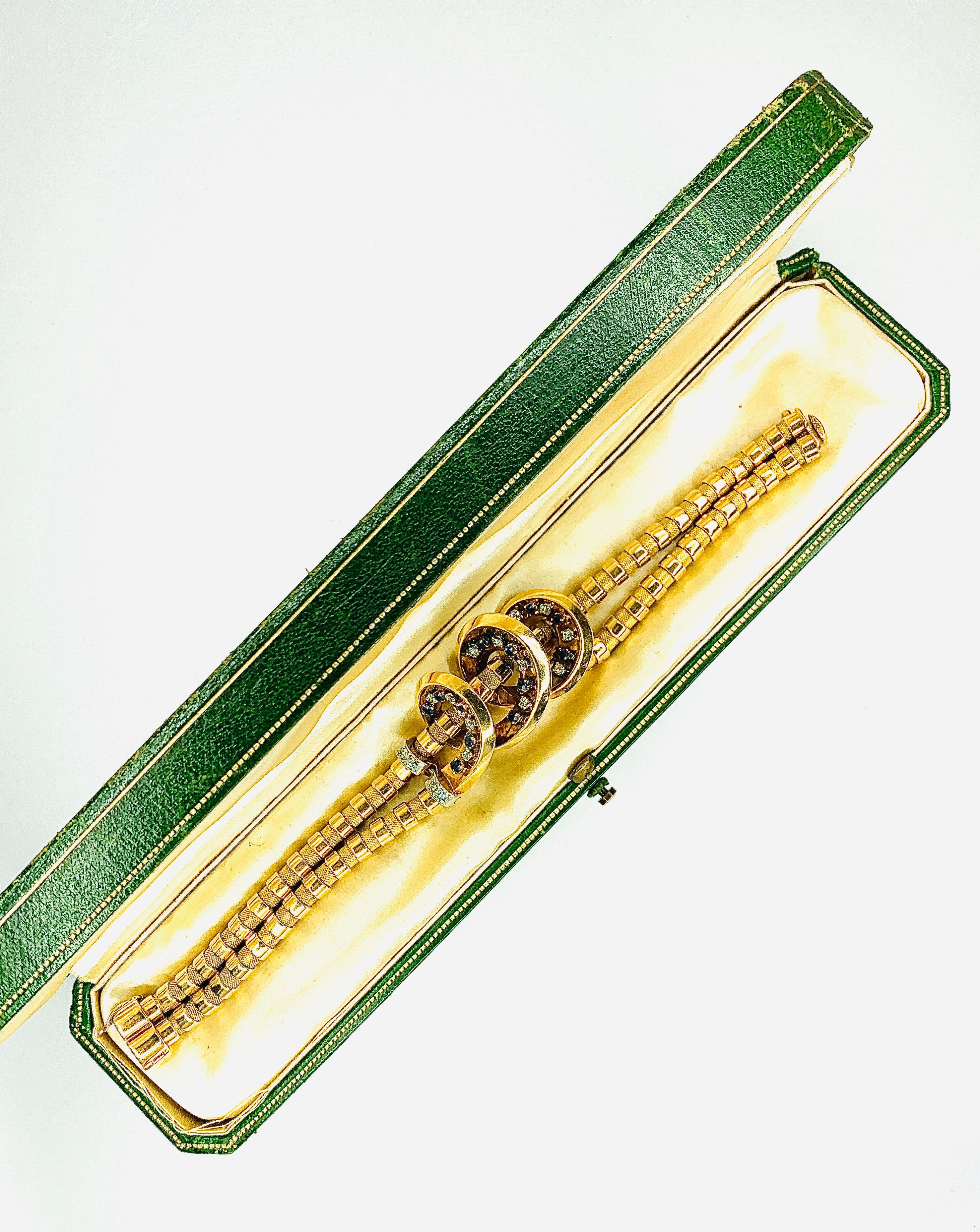 Gemolithos, Retro-Armband mit Saphir und Diamant, Lacloche Frères, 1940er Jahre (Rundschliff) im Angebot