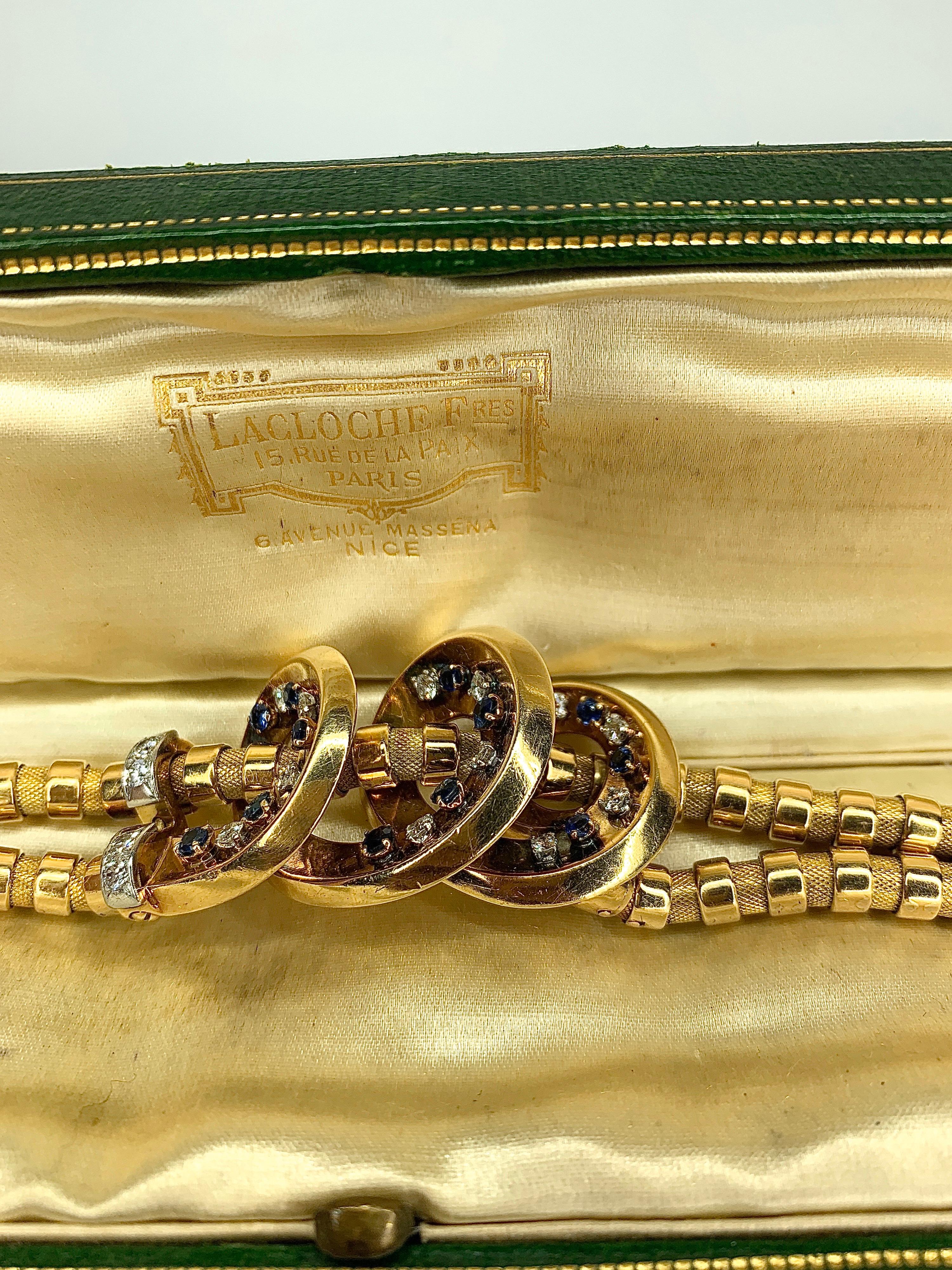 Round Cut Gemolithos, Retro Sapphire and Diamond Bracelet, Lacloche Frères, 1940s For Sale