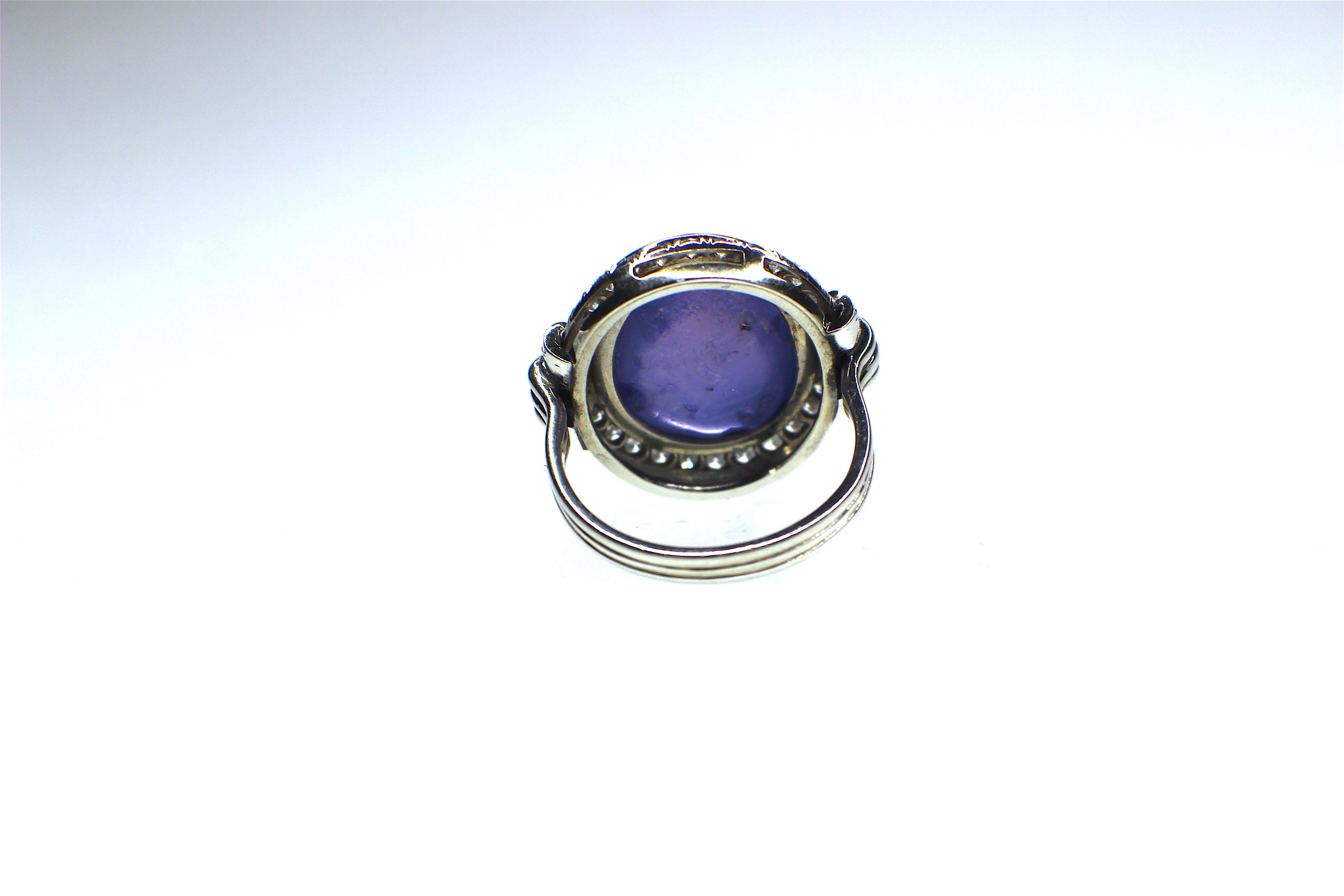 Art Deco Gemolithos Star Purple Sapphire and Diamond Ring, 1930s For Sale