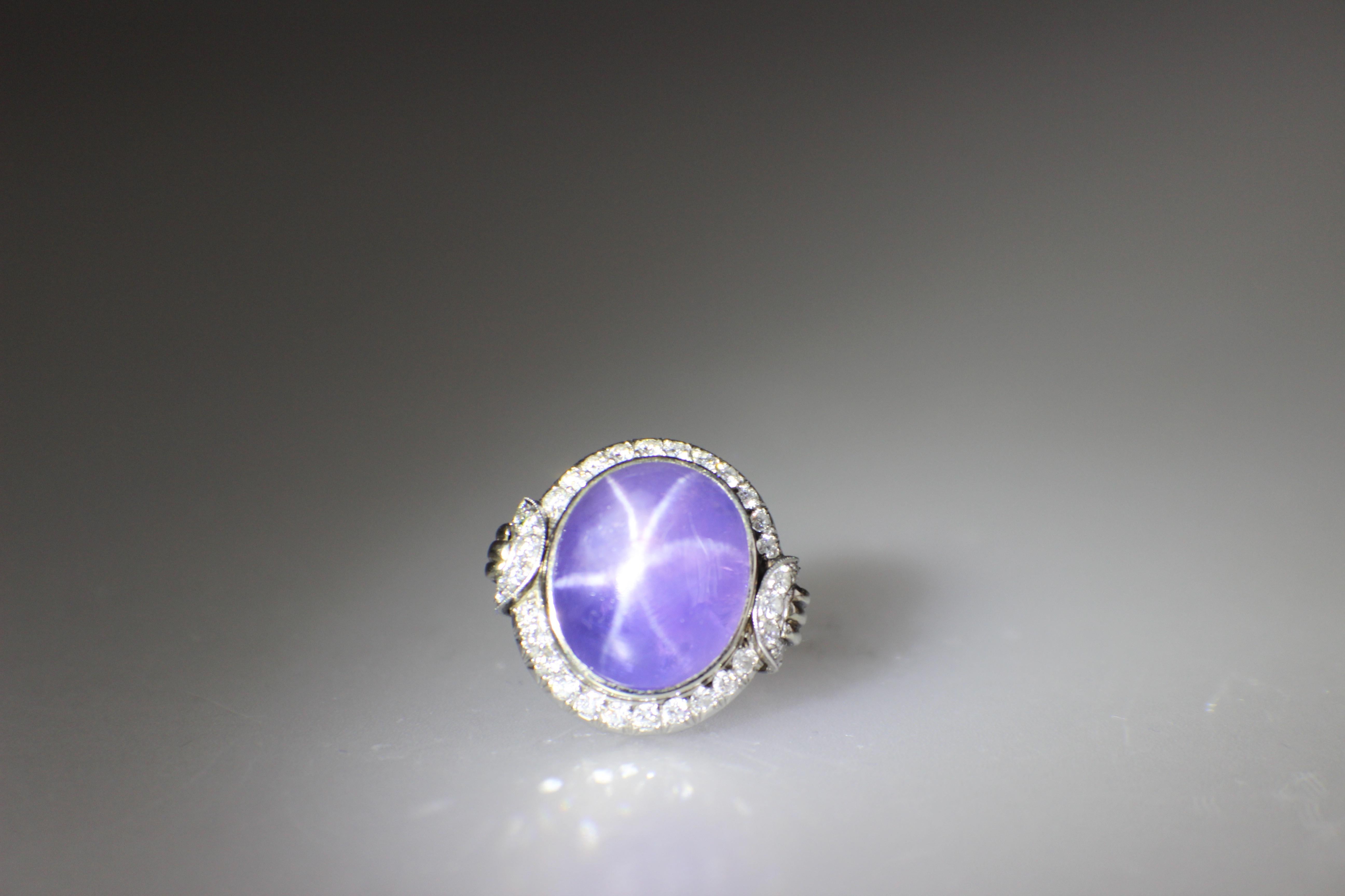 Women's or Men's Gemolithos Star Purple Sapphire and Diamond Ring, 1930s For Sale