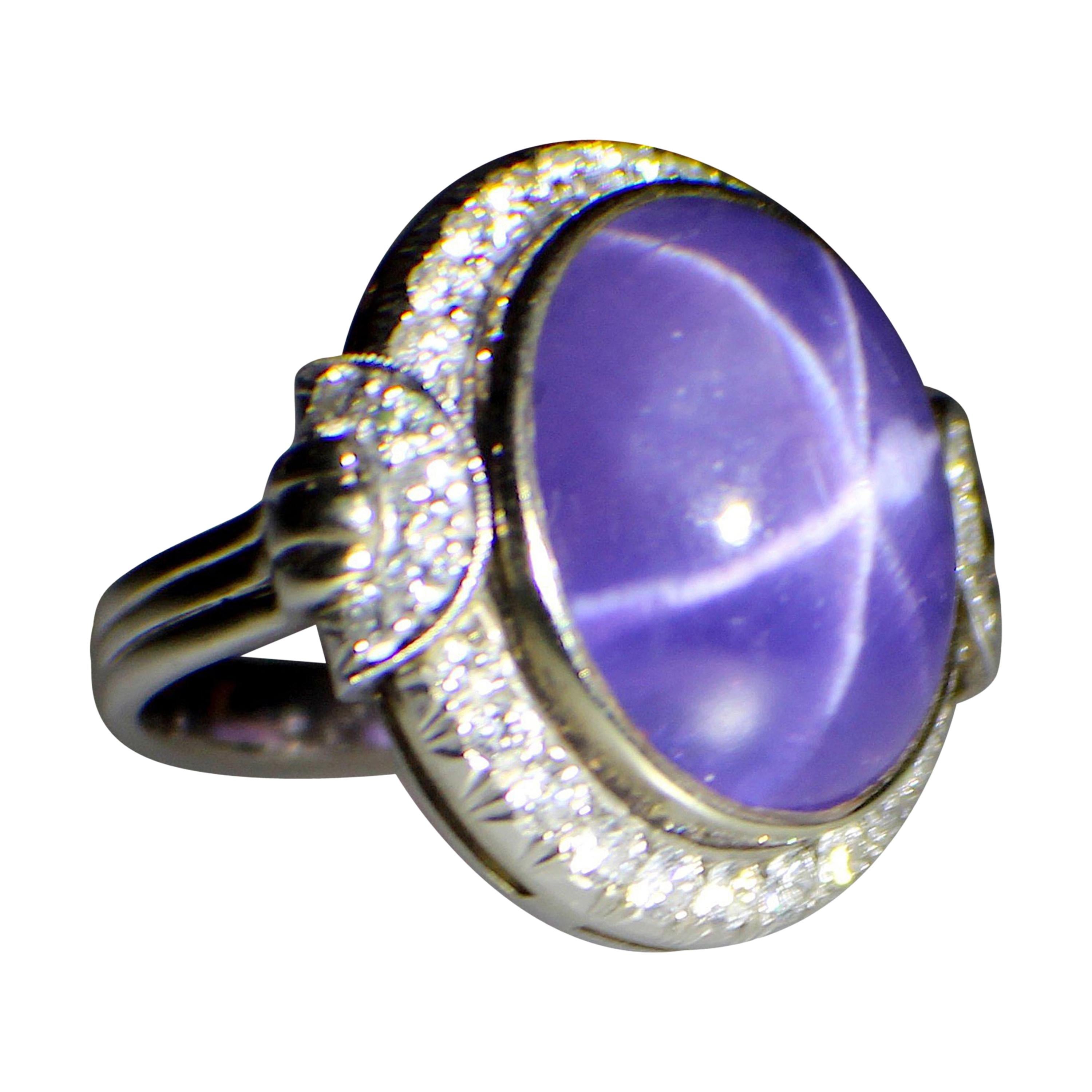Gemolithos Star Purple Sapphire and Diamond Ring, 1930s For Sale