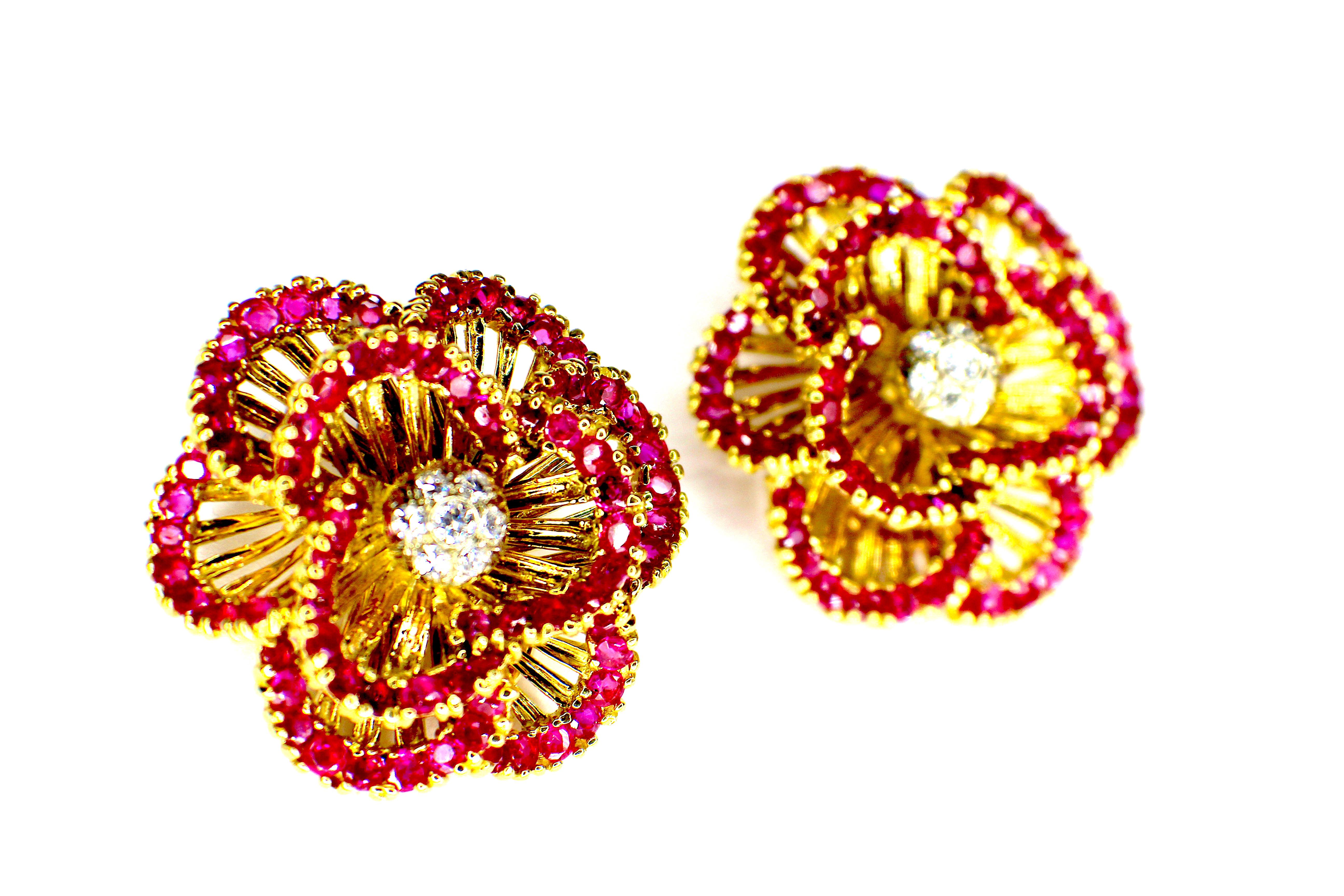 GEMOLITHOS  Ruby and Diamond earclips. Rubies estimated 12.0ct,  diamonds estimated 0.40ct  Tiffany signed 1960´s, dimensions 2.7cm X 2.7cm, weight: 21.3gr. 