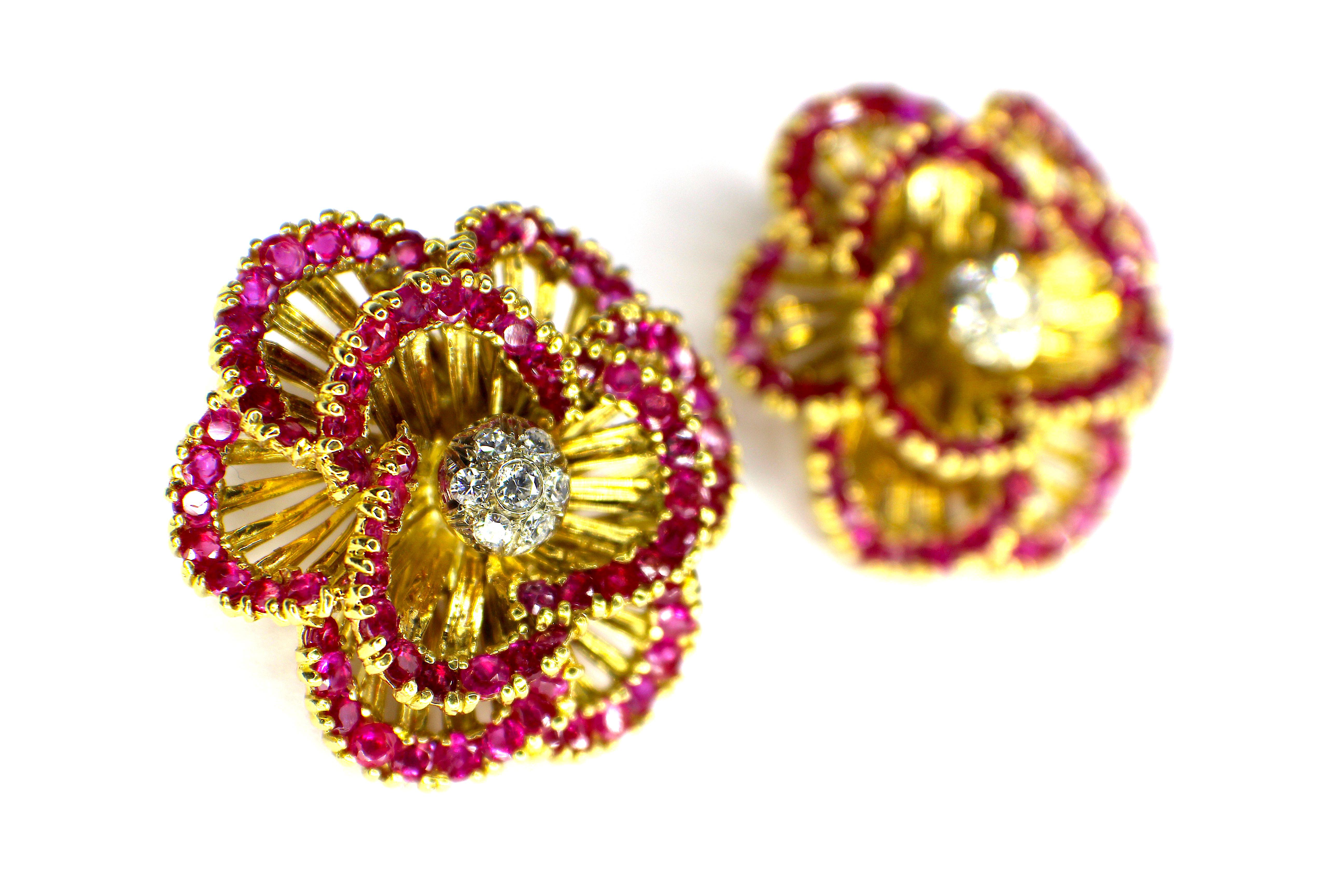 Round Cut Gemolithos Tiffany & Co. Signed Ruby and Diamond Earclips, 1960s