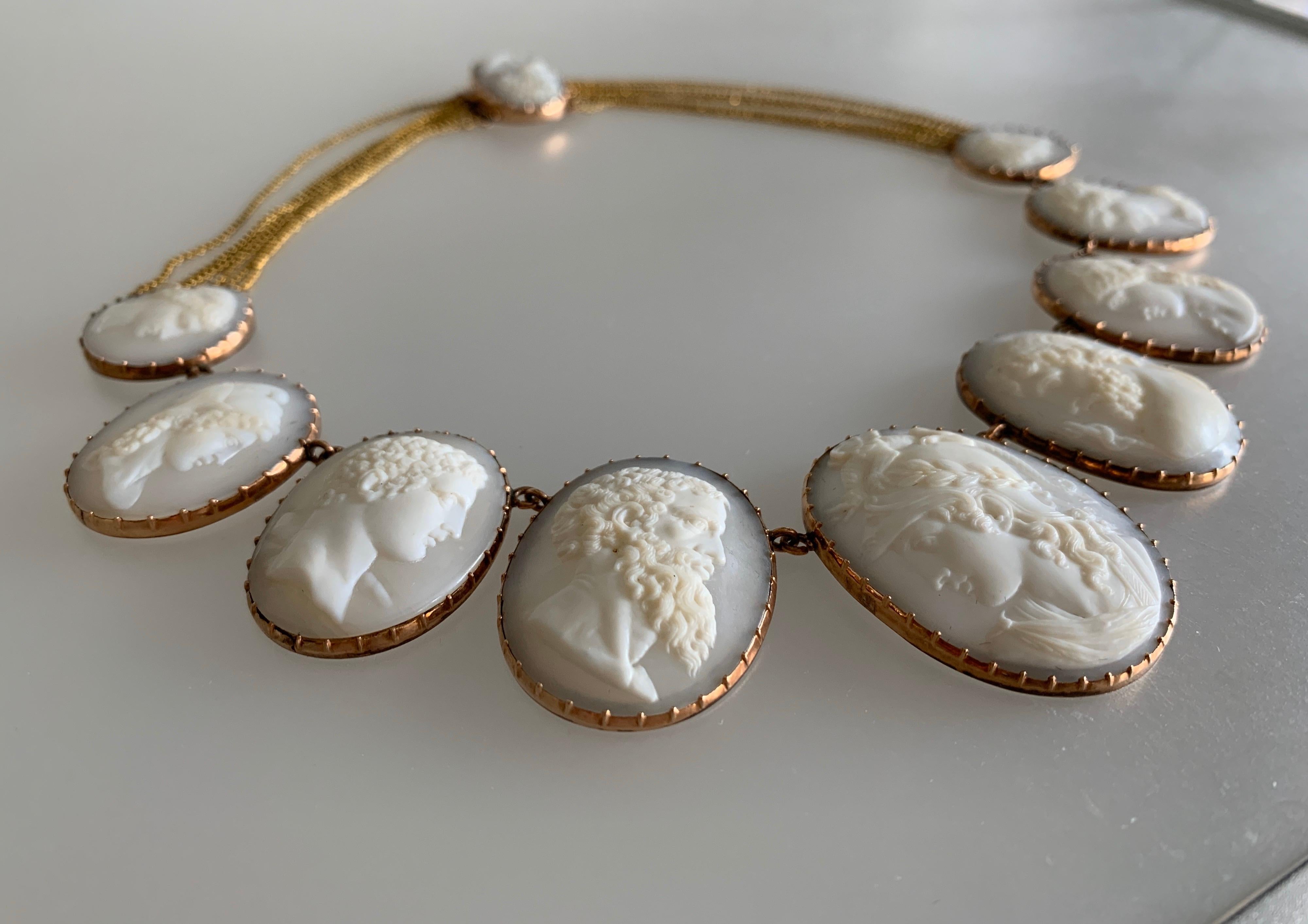 Gemolithos, victorian Agate Cameo necklace, 14K gold, weight: 63gr, circa 1860s.
Length: 440mm, measurements of the biggest Came: 42x32mm and smallest 27x18mm.

