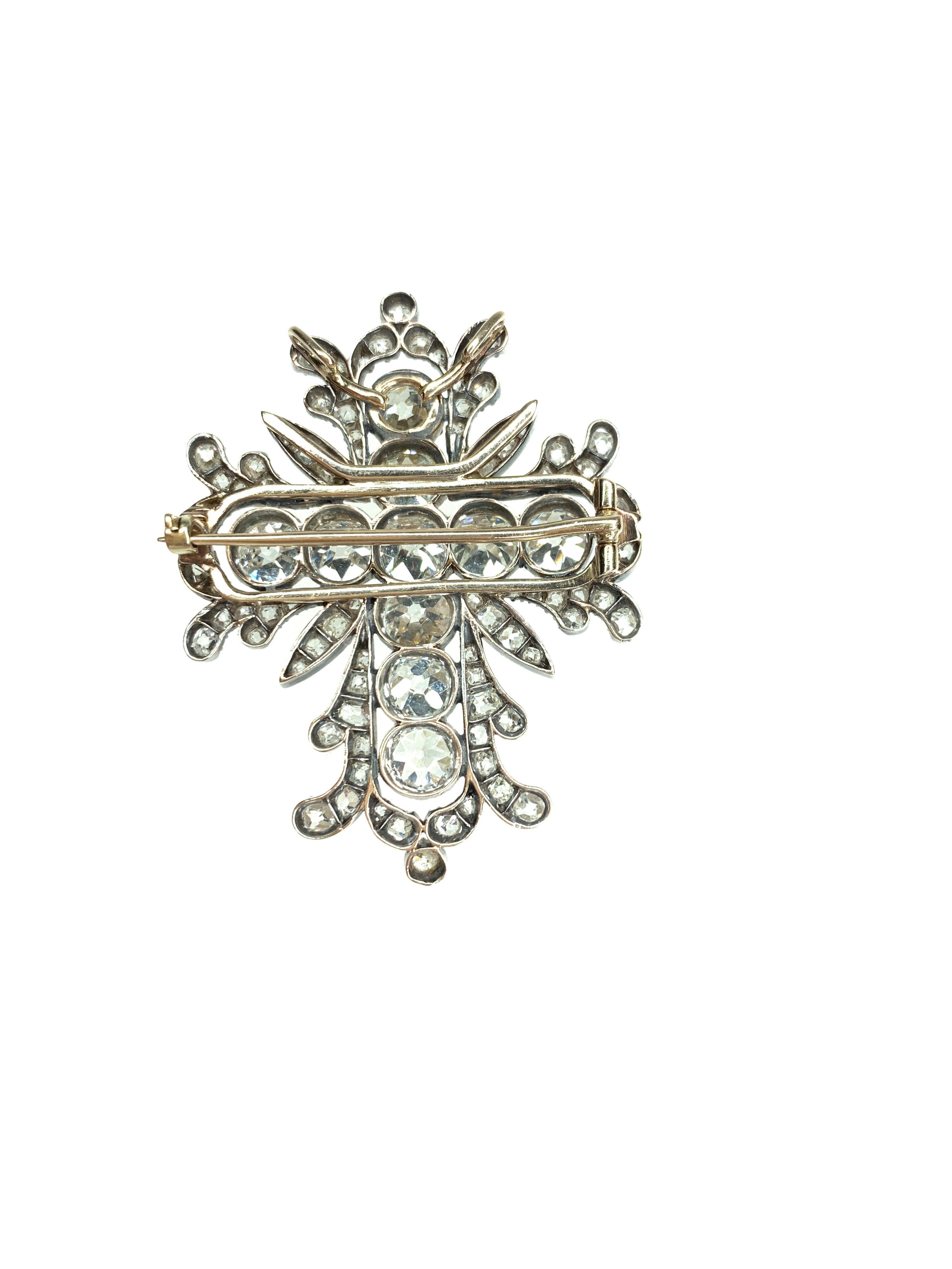 Gemolithos, Victorian, early 19th century diamond Cross brooch-pendant, silver and gold, est. Diamonds 7.5ct  I-K/VS-SI. extremely light and fine quality. Measures 46x35mm weight: 12.07gr. 