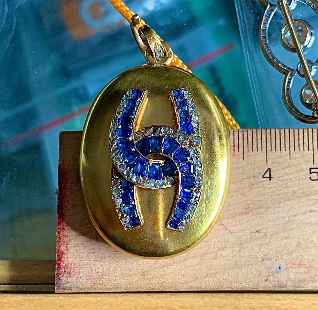 Women's or Men's Gemolithos Victorian Gold Sapphire and Diamond Pendant For Sale