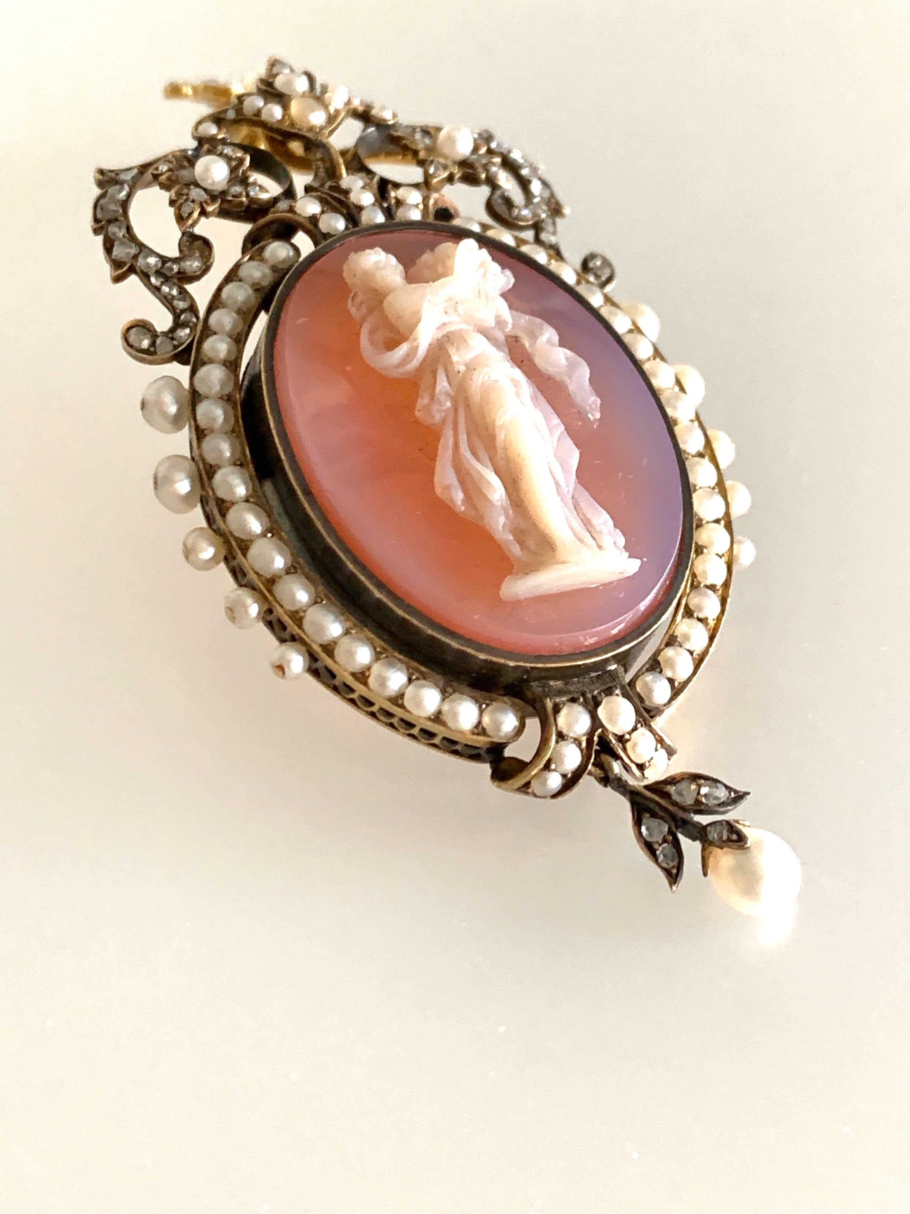 Round Cut Gemolithos, Victorian, Hardstone Cameo, Pearl and Diamond Pendant-Brooch For Sale