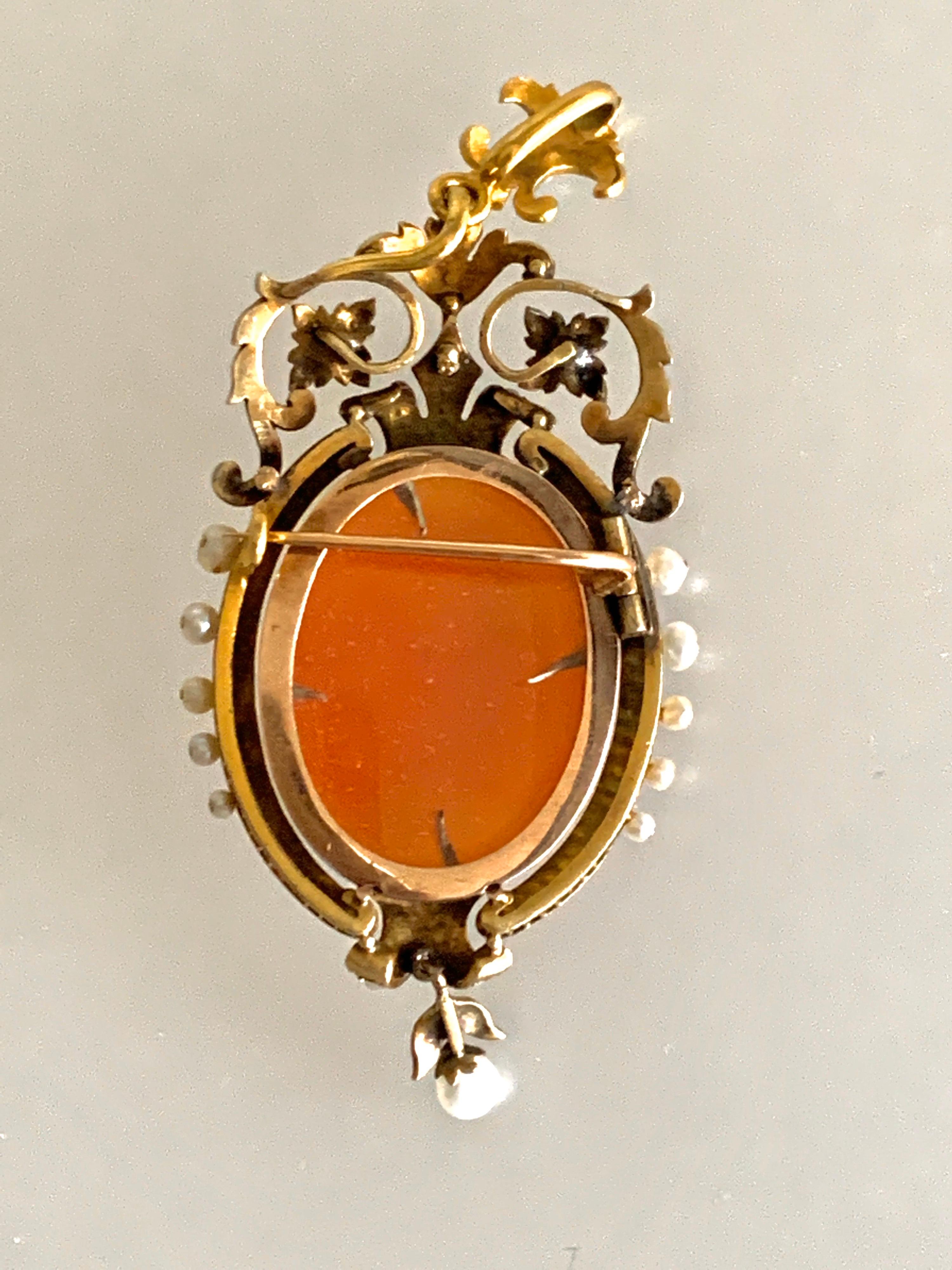 Gemolithos, Victorian, Hardstone Cameo, Pearl and Diamond Pendant-Brooch In Good Condition For Sale In Munich, DE