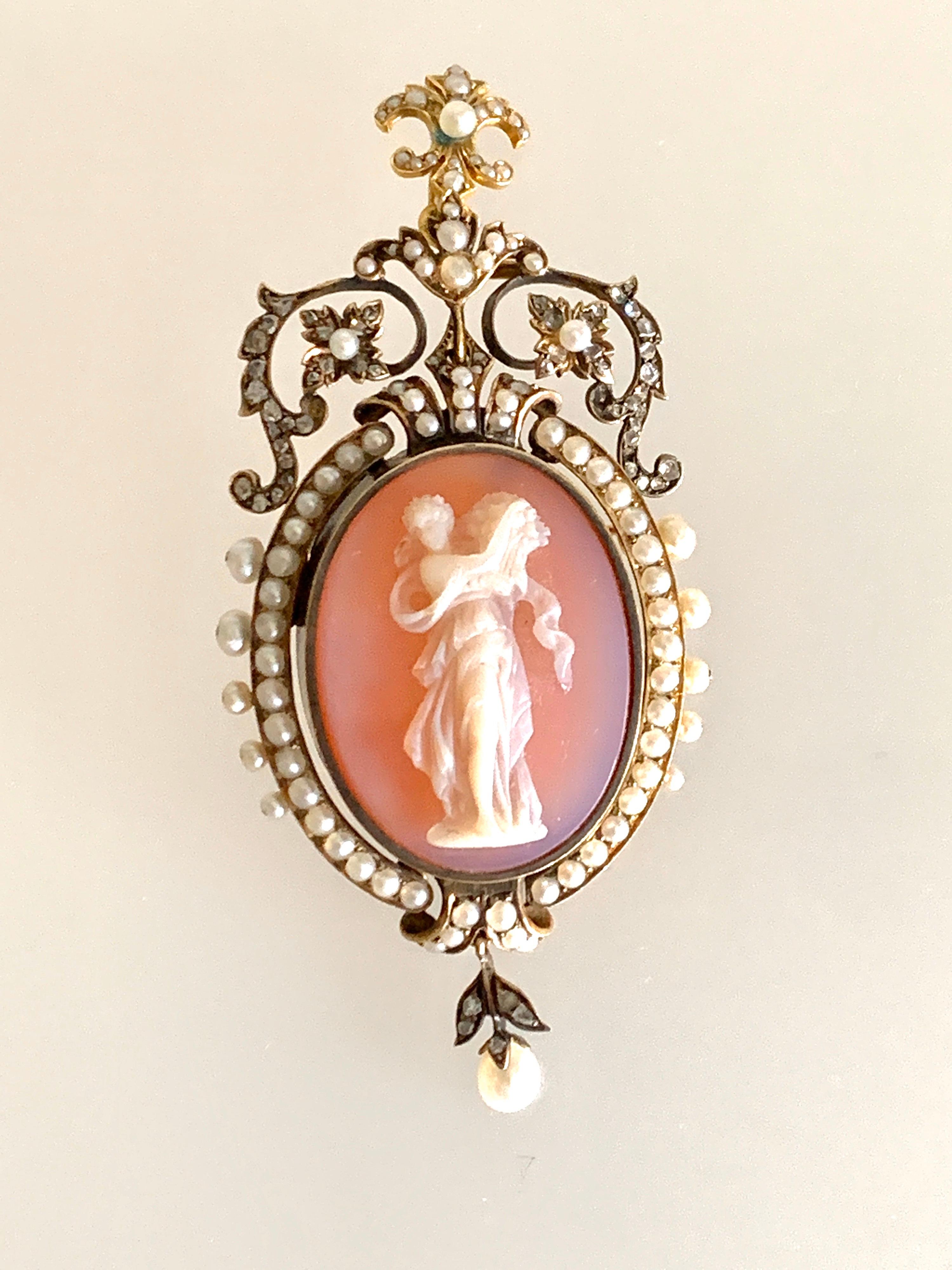 Women's or Men's Gemolithos, Victorian, Hardstone Cameo, Pearl and Diamond Pendant-Brooch For Sale