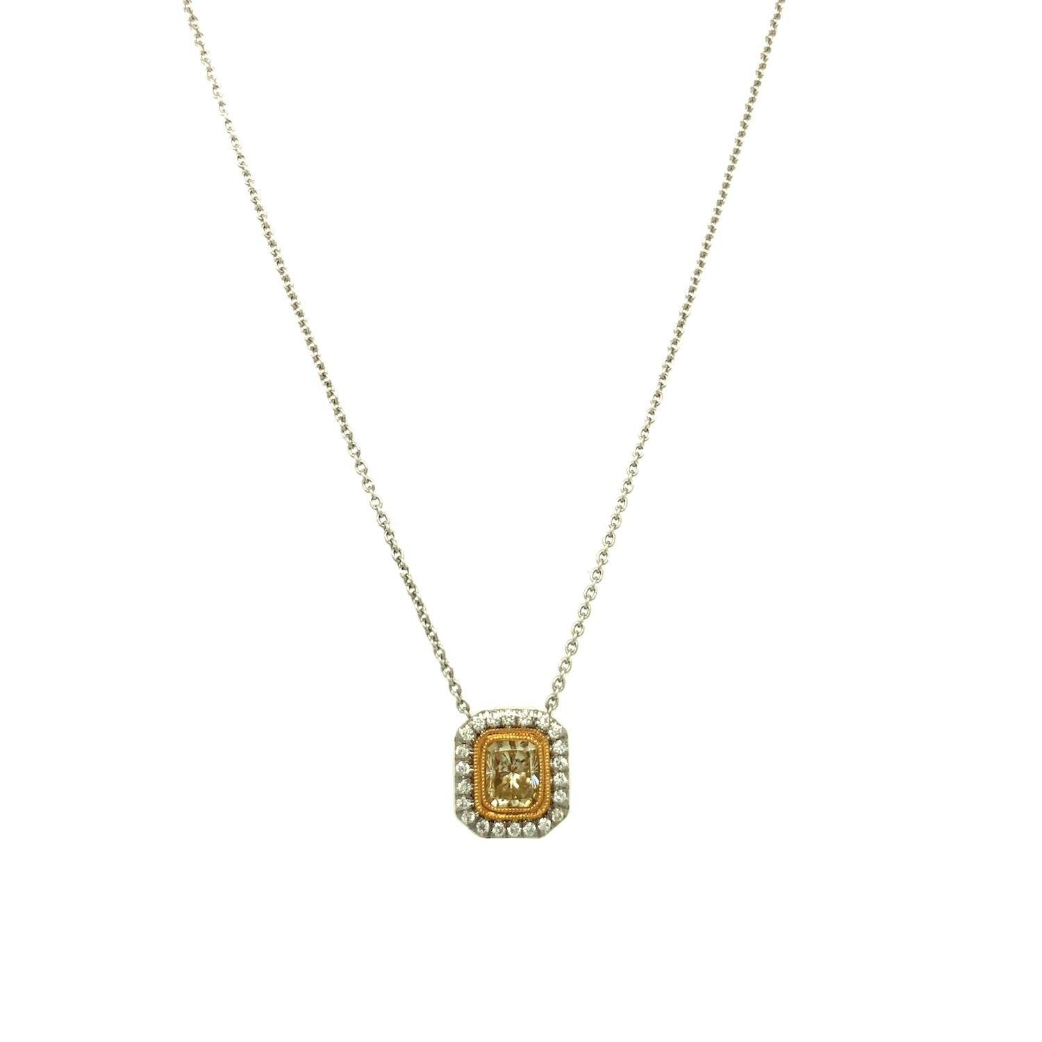 Radiant Cut Gems Are Forever 0.75 Carat Yellow Diamond and Diamond Halo Necklace Platinum For Sale