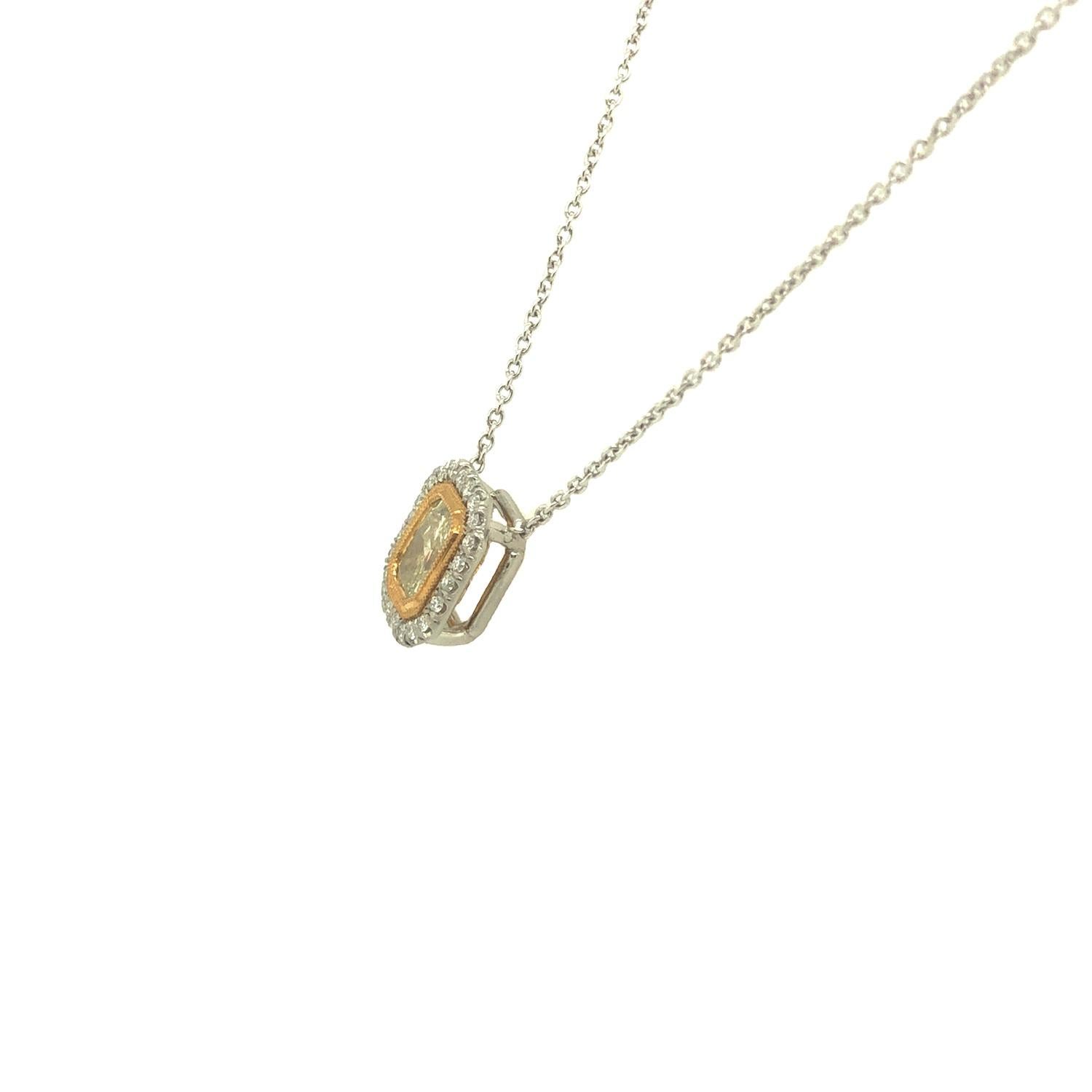 Contemporary Gems Are Forever 0.81 Ct Yellow Diamond Halo Necklace 18K Yellow Gold Platinum For Sale