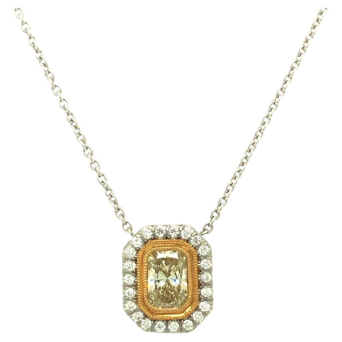 Gems Are Forever 0.81 Ct Yellow Diamond Halo Necklace 18K Yellow Gold Platinum For Sale