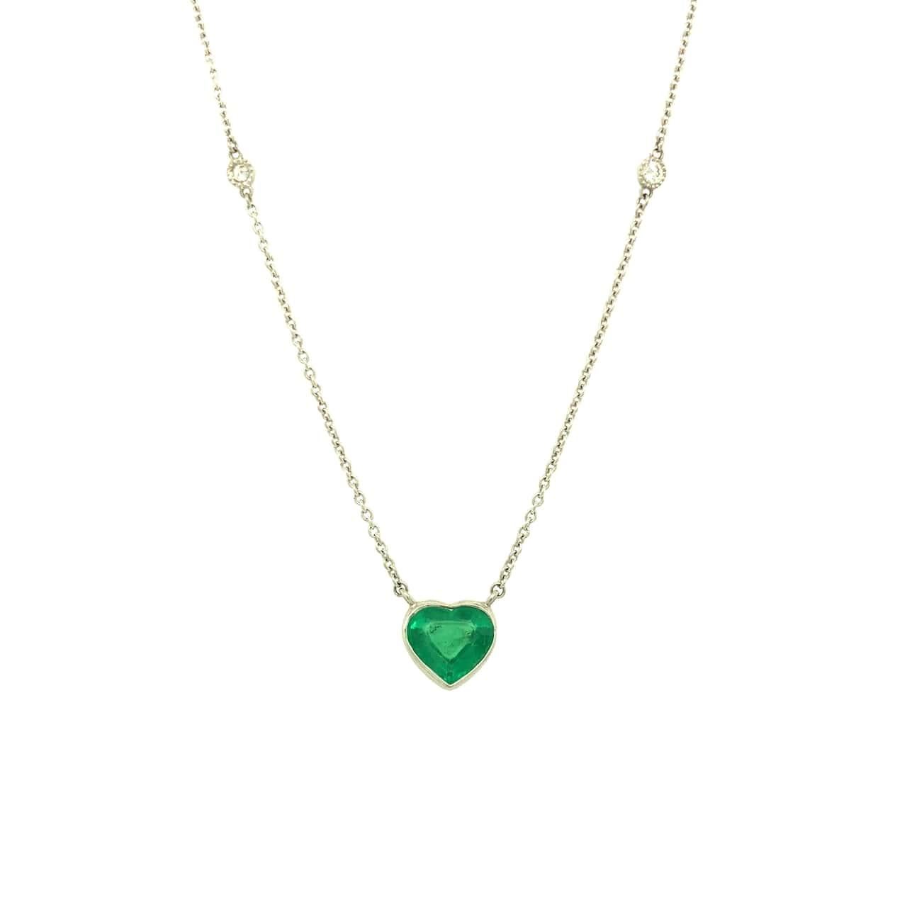 Heart Cut Gems Are Forever 1.18 Carat Heart Shaped Emerald and Diamond Platinum Necklace For Sale