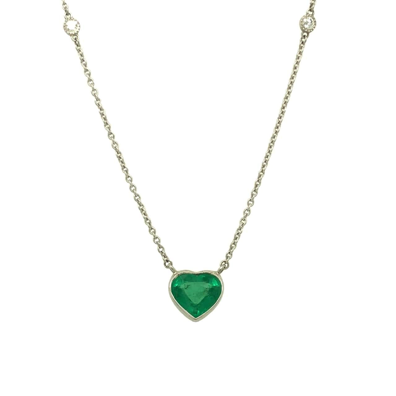 Women's or Men's Gems Are Forever 1.18 Carat Heart Shaped Emerald and Diamond Platinum Necklace For Sale