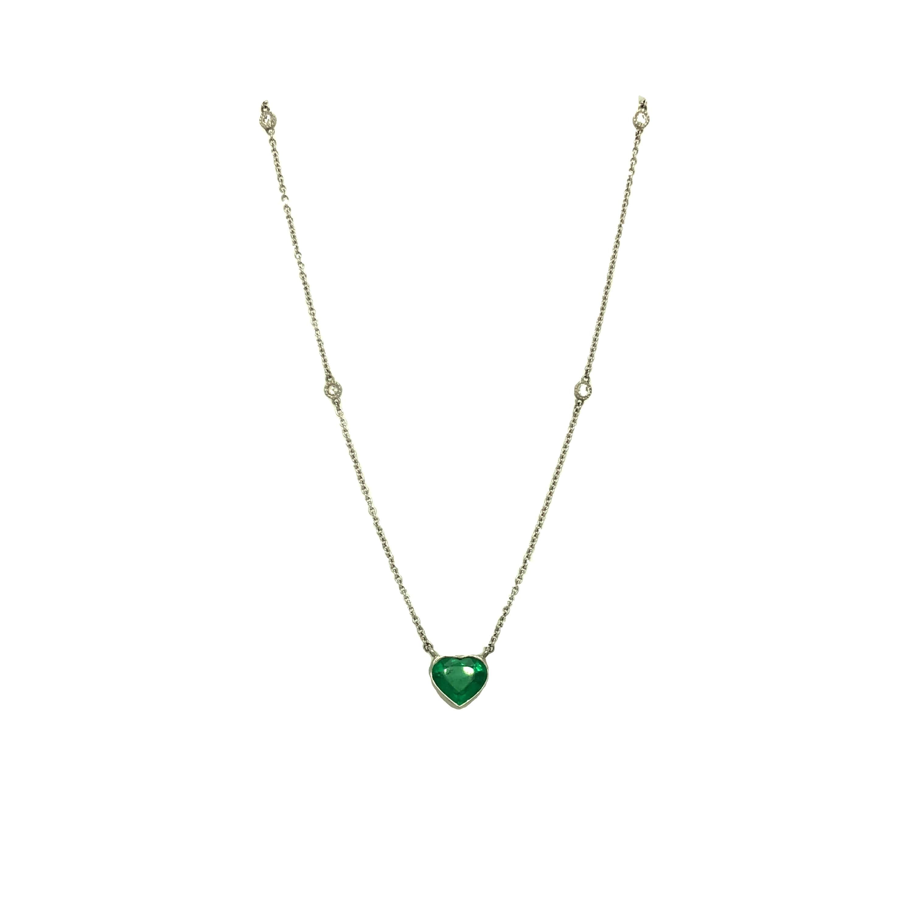 Gems Are Forever 1.18 Carat Heart Shaped Emerald and Diamond Platinum Necklace For Sale 2