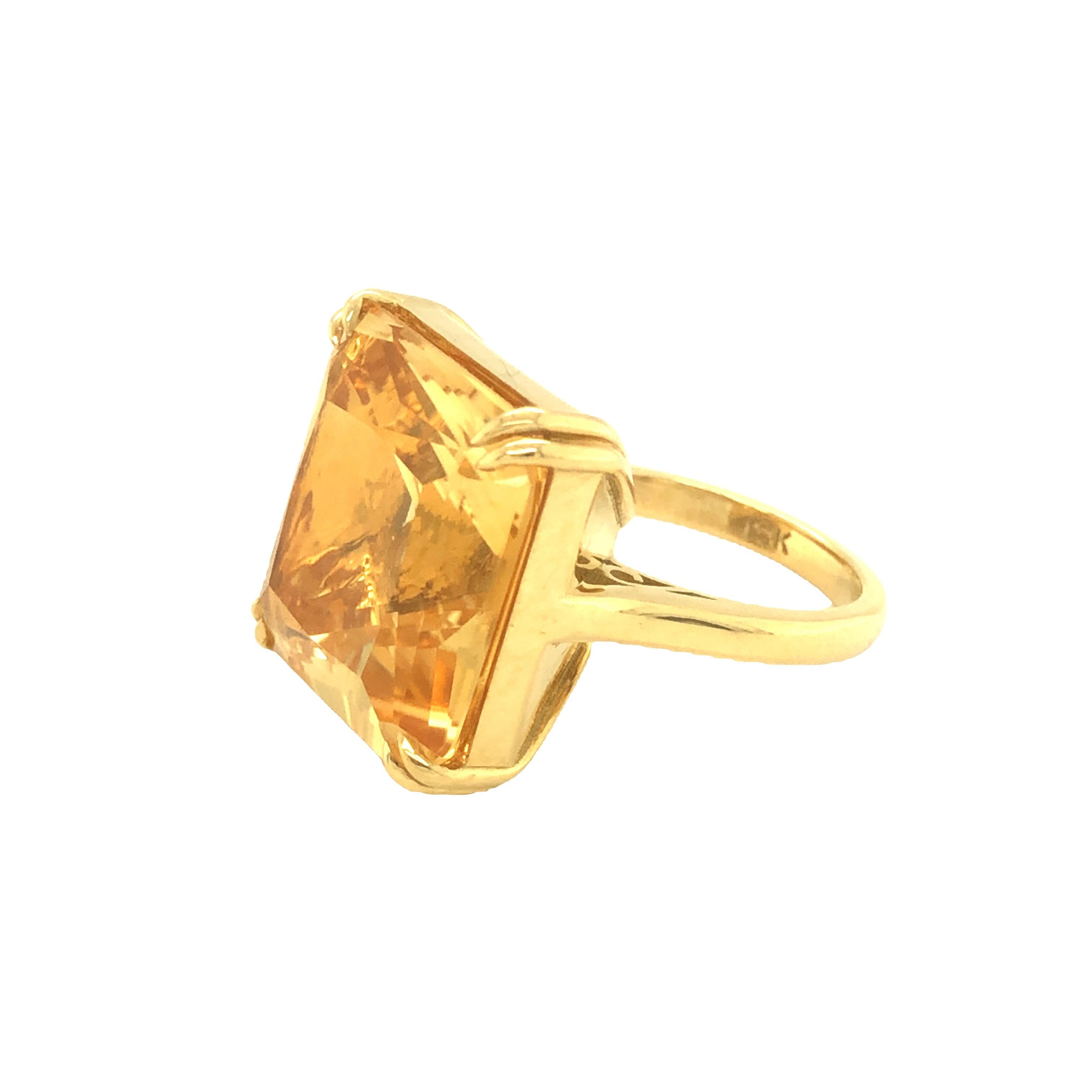 Designed and handcrafted by Gems Are Forever, Inc in Beverly Hills. This gorgeous cocktail ring features a 13 carat square cushion cut citrine. The perfectly golden color citrine measures 16.7 mm x 16.7 mm and set in 8 claw prongs with intricate