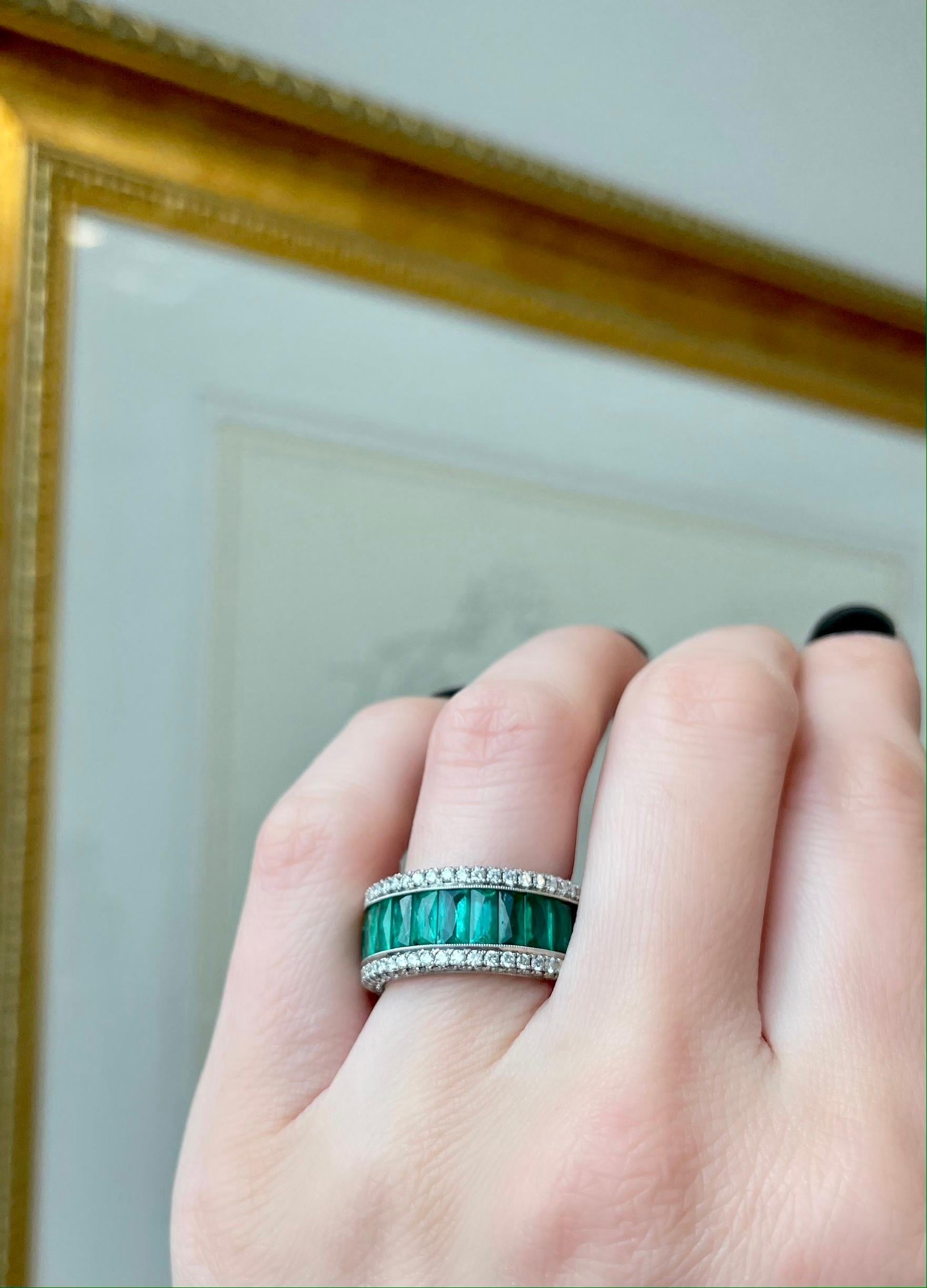 Women's or Men's Gems Are Forever 7 carat French Cut Emerald & 2.07 carat Diamond Eternity Band For Sale